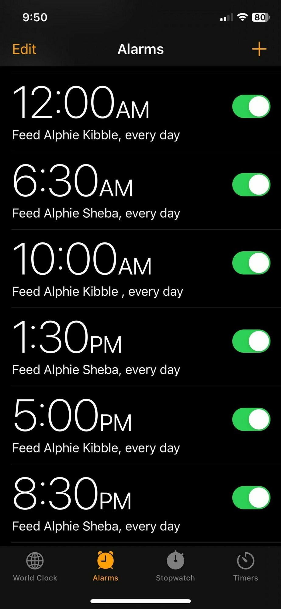 Screenshot of Alarms tab in iOS Clocks.app