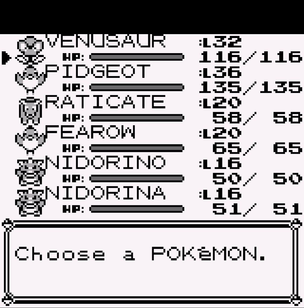 The menu from Pokémon Red showing my Pokémon team, consisting of Venusaur, Pidgeot, Raticate, Fearow, Nidorino and Nidorina.