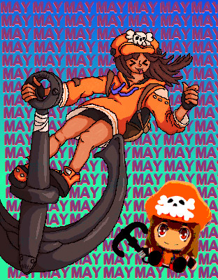 pixellated art of May from Guilty Gear Strive swinging on her anchor. next to her is a posterized PNG of the May Makeship plushie