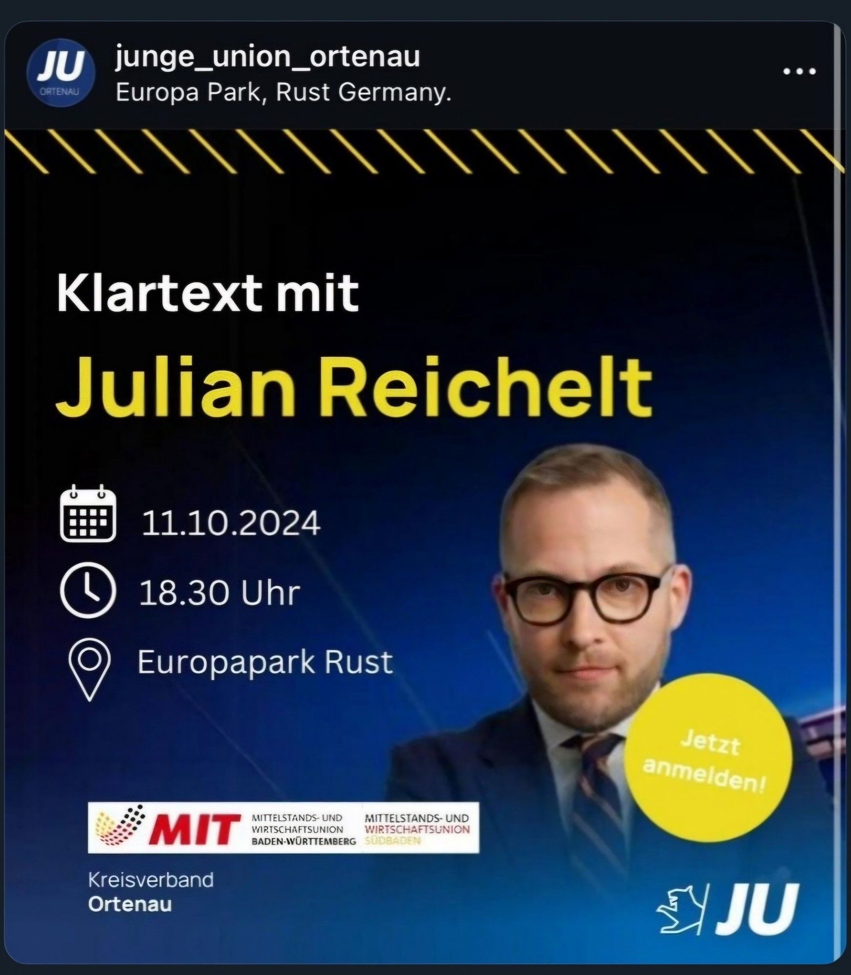 Der Rassist und Sexist Julian Reichelt spricht am 11.10. vor der Jungen Union Ortenau im Europapark.