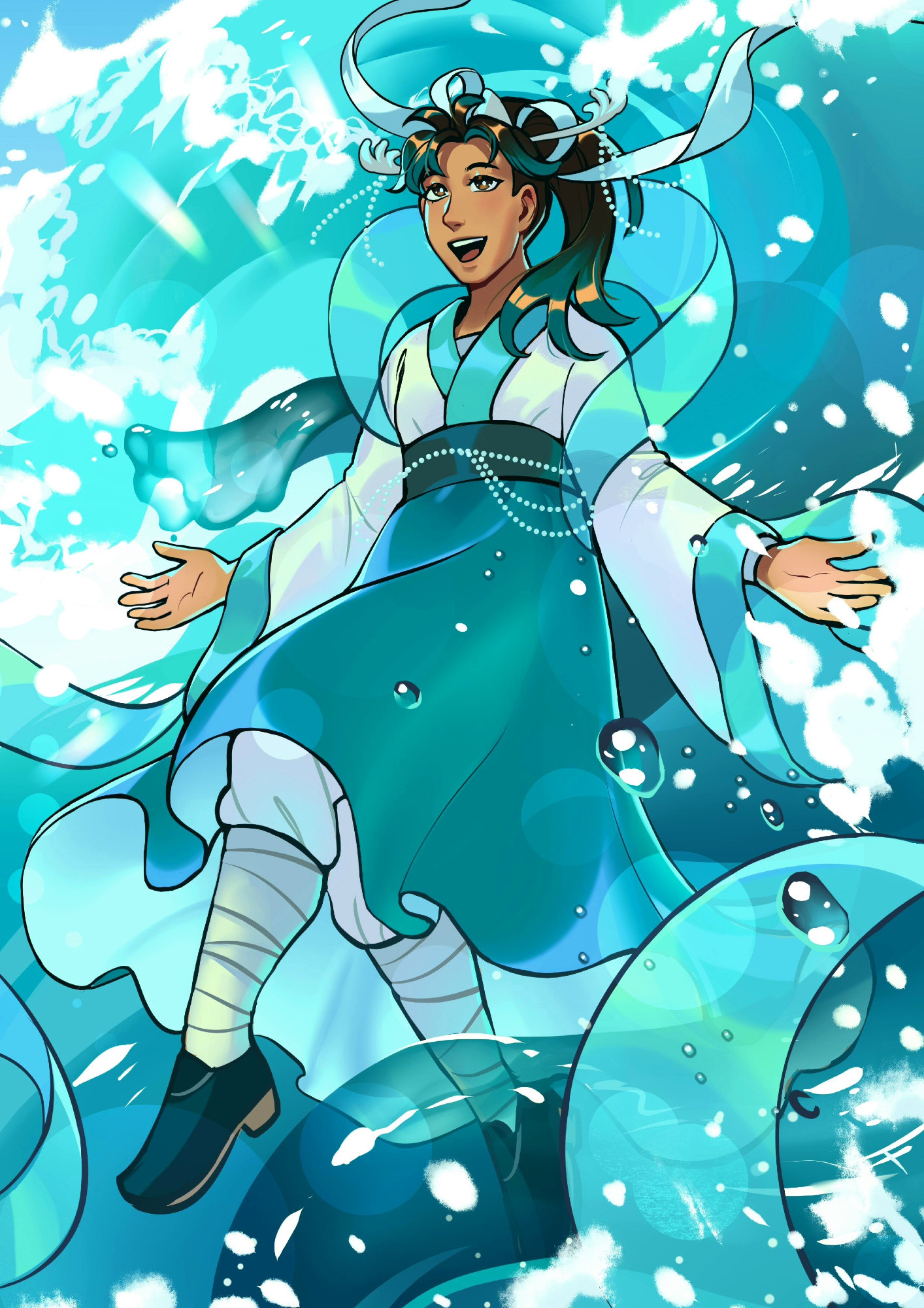 A person wearing iridescent blue, aqua and white hanfu, floating before the barrel of an ocean wave. Seafoam splashes around them and drops of water hang suspended in the foreground. Some water swirls in snake-like shapes around them.