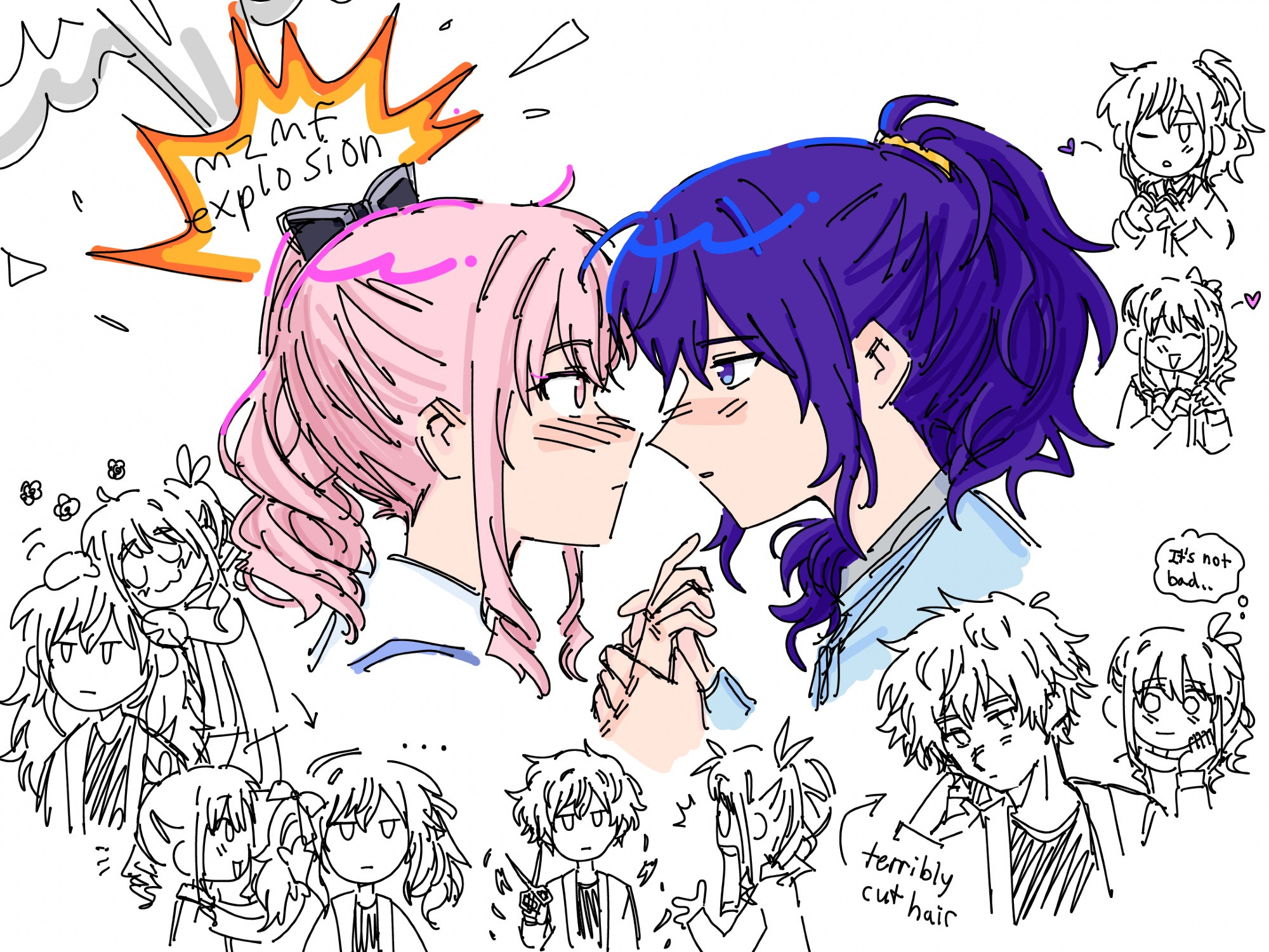 This was a mizumafu doodle dump with mizumafu explosion. Mafuyu the gorgeous transmasc boyfriend and the pretty girlfriend transfem Mizuki. (Transmasc Mafuyu I will refer to with he/him pronouns) In the focus drawing, Mizuki gets flustered by Mafuyu’s gesture of affection. Mafuyu holds Mizuki’s hands and they’re gazing into eachother’s eyes. In the following doodles, Mizuki is playing with Mafuyu’s long hair. Mafuyu then cuts his hair on his own, surprising Mizuki with his new haircut. It’s badly cut, but Mizuki thinks it’s not so bad (Mafuyu is very handsome) this was drawn around November of 2023.