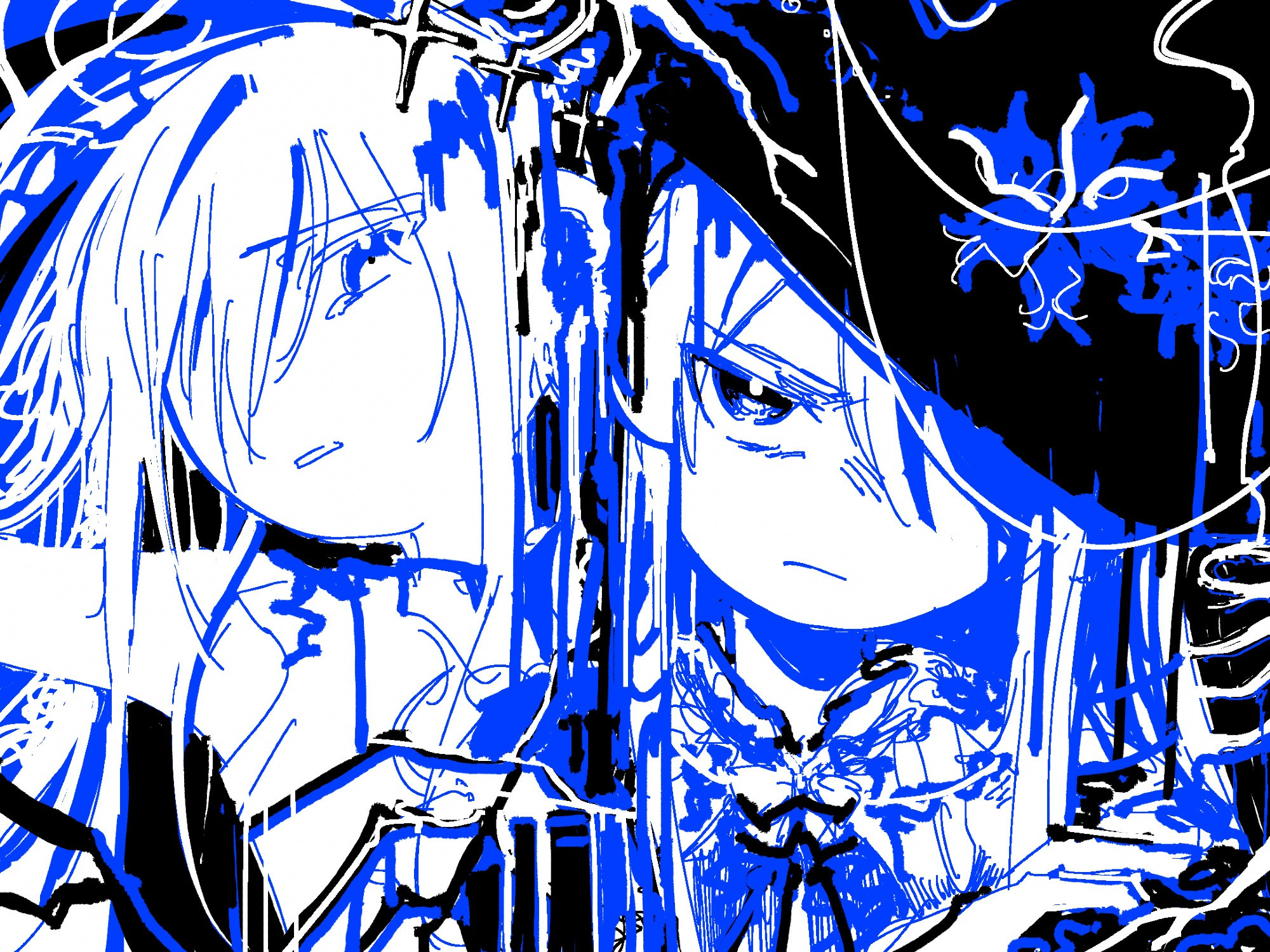 art of bloomfes kanade and immiscible discord kanade. consists of lines and scribbling technique. Colors used are blue, black and white. This was done as an experiment, only one layer used.