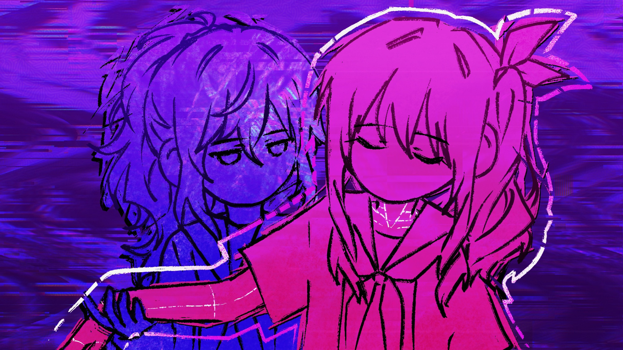 Title: cadaver
Drawn in January 2024
This is just some experimenting I did.. Mafuyu is holding the cadaver of Mizuki, with marks for dissection. There is also an outline around Mizuki, similar to how they outline a body at a crime scene after someone is killed. Otome dissection… guys… mizumafu parallels after mizu5 or what?!?