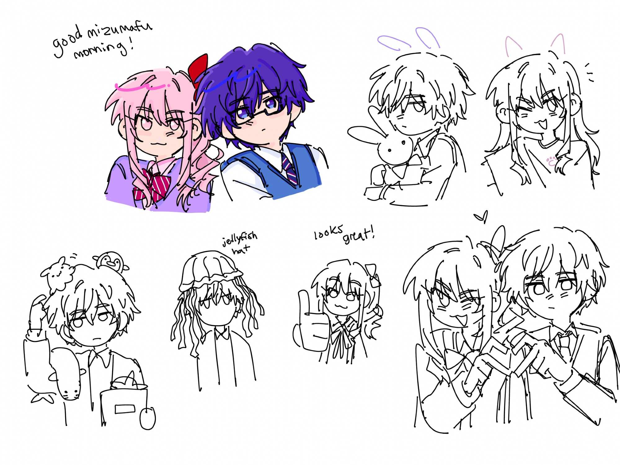 Doodles of Mizuki Akiyama and Transmasc Mafuyu Asahina. Mafuyu usually wears glasses, but sometimes he takes it off (can he see?) Good mizumafu morning! Mafuyu is a bunny and Mizuki is a cat. Mizumafu goes on an aquarium date (not actually drawn) and they end up getting many marine animal plushies. Mafuyu ends up carrying them all, including a starfish, seal, penguin, and flapjack octopus. Some end up on his head. Mizuki puts a jellyfish hat on Mafuyu, and she thinks it looks great. Mizuki does a thumbs up! Mafuyu is unbothered. In the bottom right corner, Mizuki and Mafuyu make a heart with their fingers. Love mizumafu. This was drawn around January of 2024