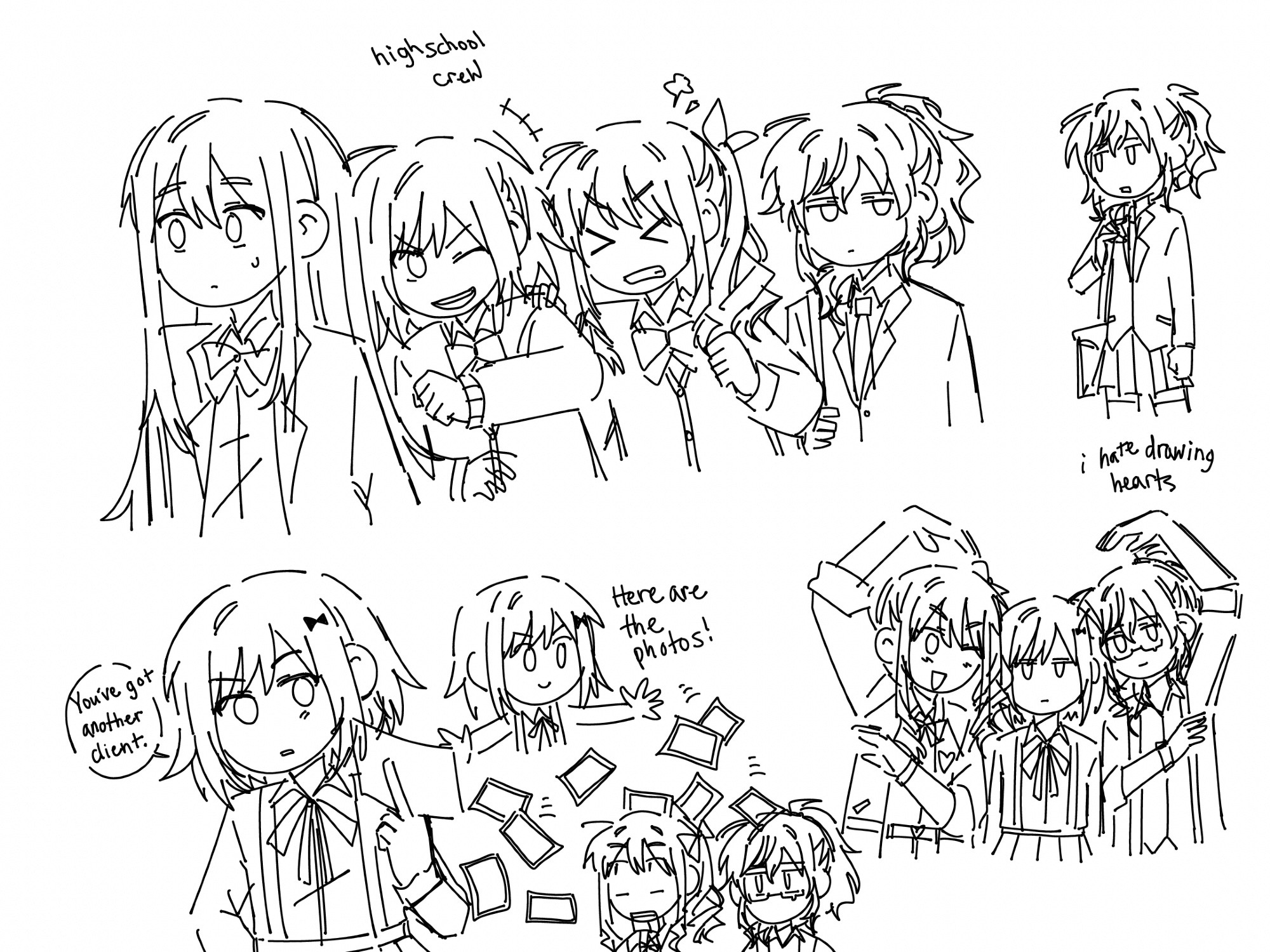 This is doodles of the nightcord sgdlr au. The top doodles are Nightcord in high school. They all attended kamiyama high, and this is before mizumafu obtained their time travel powers. Nightcord was a close-knitted friend group, and mizuena teased eachother a lot. The bottom doodles feature the current nightcord working in their link click. (Kanade is a part of the crew, but she only occasionally stops by the workplace) Mizuki and Mafuyu live together in the workplace and Ena is the landlord. Ena takes the role of Qiaoling from Link Click, and she helps Mizumafu to sustain their bills. Ena usually finds clients for Mizumafu’s work, giving them lots of photos. “You’ve got another client. Here are the photos!” Mizumafu can easily get overwhelmed by the job. On the bottom right, mizumafu makes a heart pose with Ena in the middle, based off the official Link Click art by INPLICK. This was drawn around November of 2023.