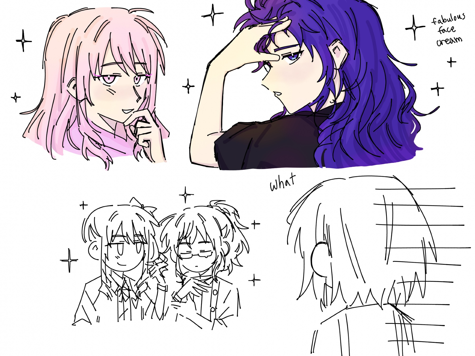 This is part two of the face cream comic. Mizuki and Mafuyu become gorgeous and have shining faces after using the new cream. They show  up to work all sparkling. Ena is not very amused. “What.”