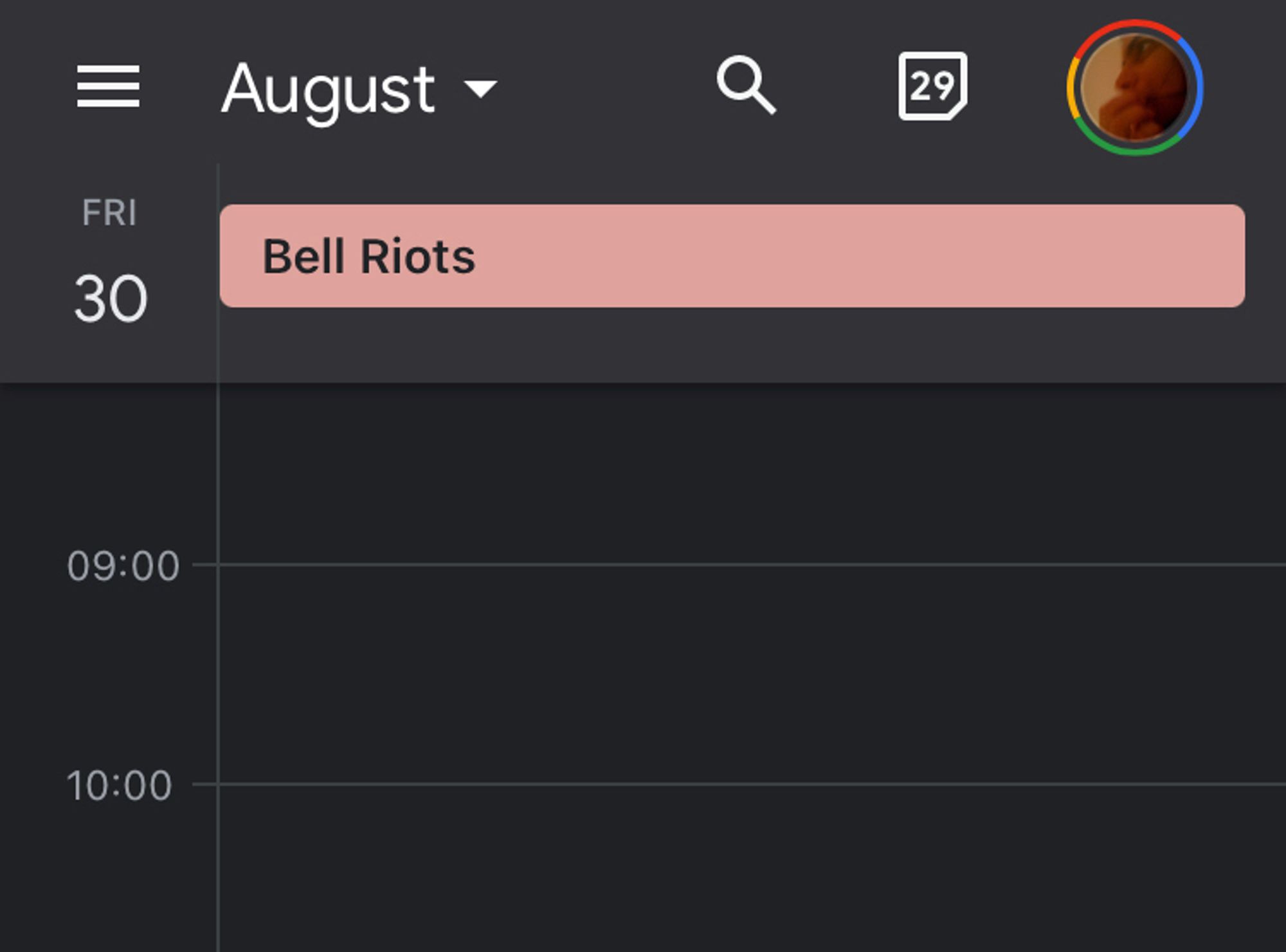 a screenshot of my calendar showing an all-day event on Aug 30, 2024 for the Bell Riots as foretold by DS9.