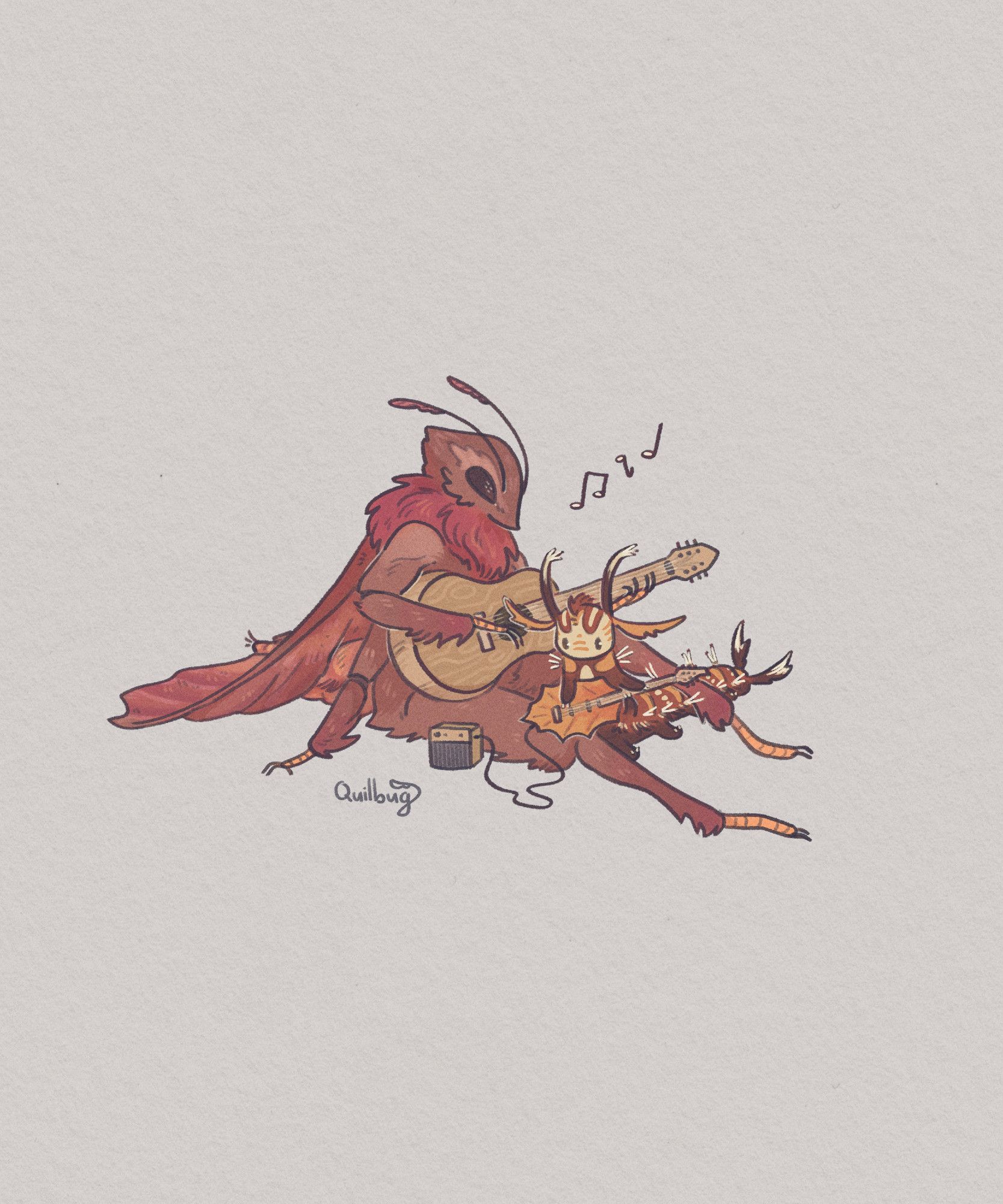 A digital drawing of an anthropomorphized lappet moth and a lappet moth larva on an off-white background. The lappet moth is various shades of brown with pale red and pale orange streaks on its wings and neck fluff. It sits on the ground playing a lightly coloured acoustic guitar. The lappet moth larva is darker shades of brown and red with stripes and dots of yellow and orange. It has hairs spiking out all over its body. The larva sits between the moth's legs and holds an electric guitar shaped like an autumn leaf.