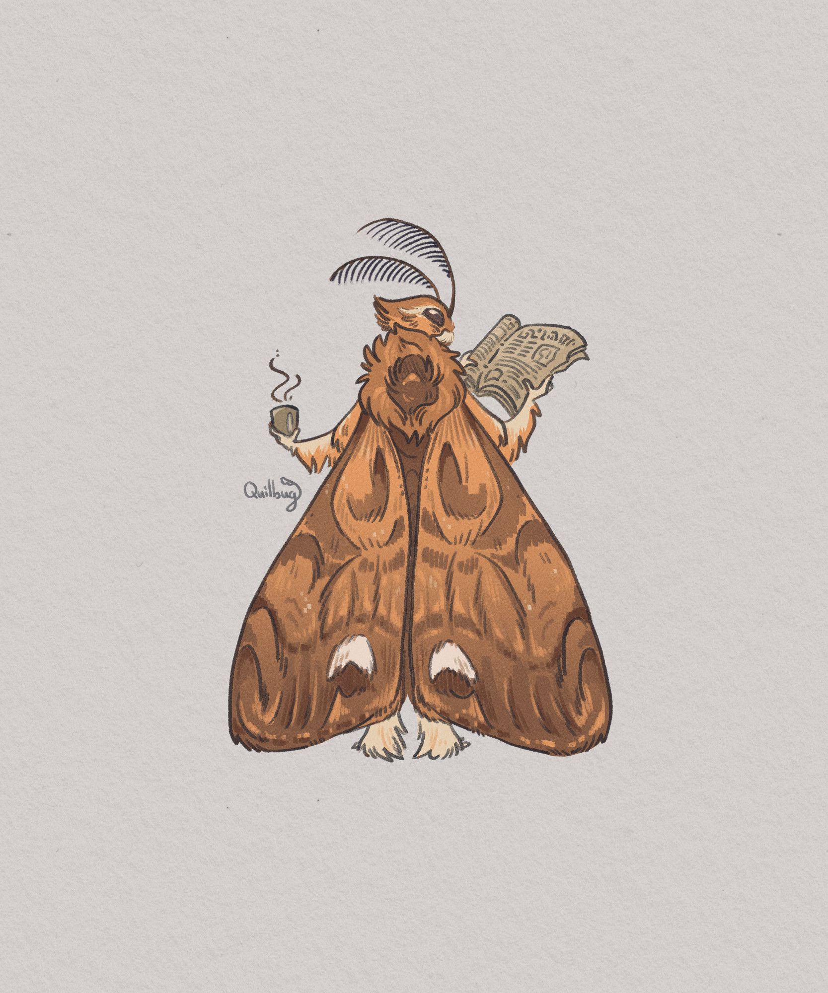 A digital drawing of an anthropomorphized rusty tussock moth on an off-white background. The back of the moth faces the viewer, displaying its rusty patterned wings and fluffy upper body. It holds a newspaper in one hand and a steaming mug in another.