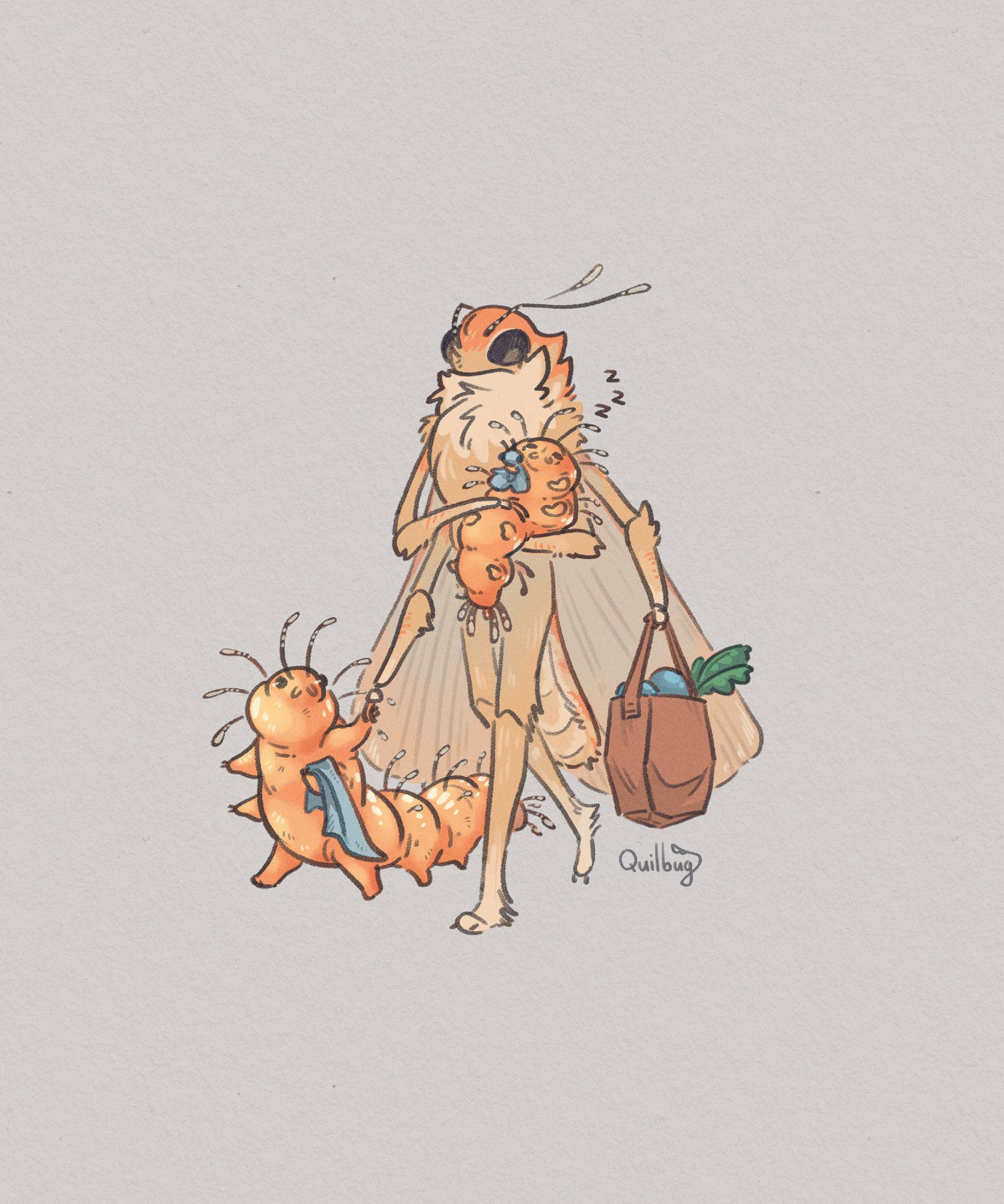 A digital drawing of an anthropomorphized pale orange moth and its larvae children. The moth walks while carrying a paper shopping bag, a sleeping larvae, and holding the hand of another larvae walking beside it. The larvae are brighter orange and have little clubbed hairs all over their bodies, they each hold a blue comfort item.