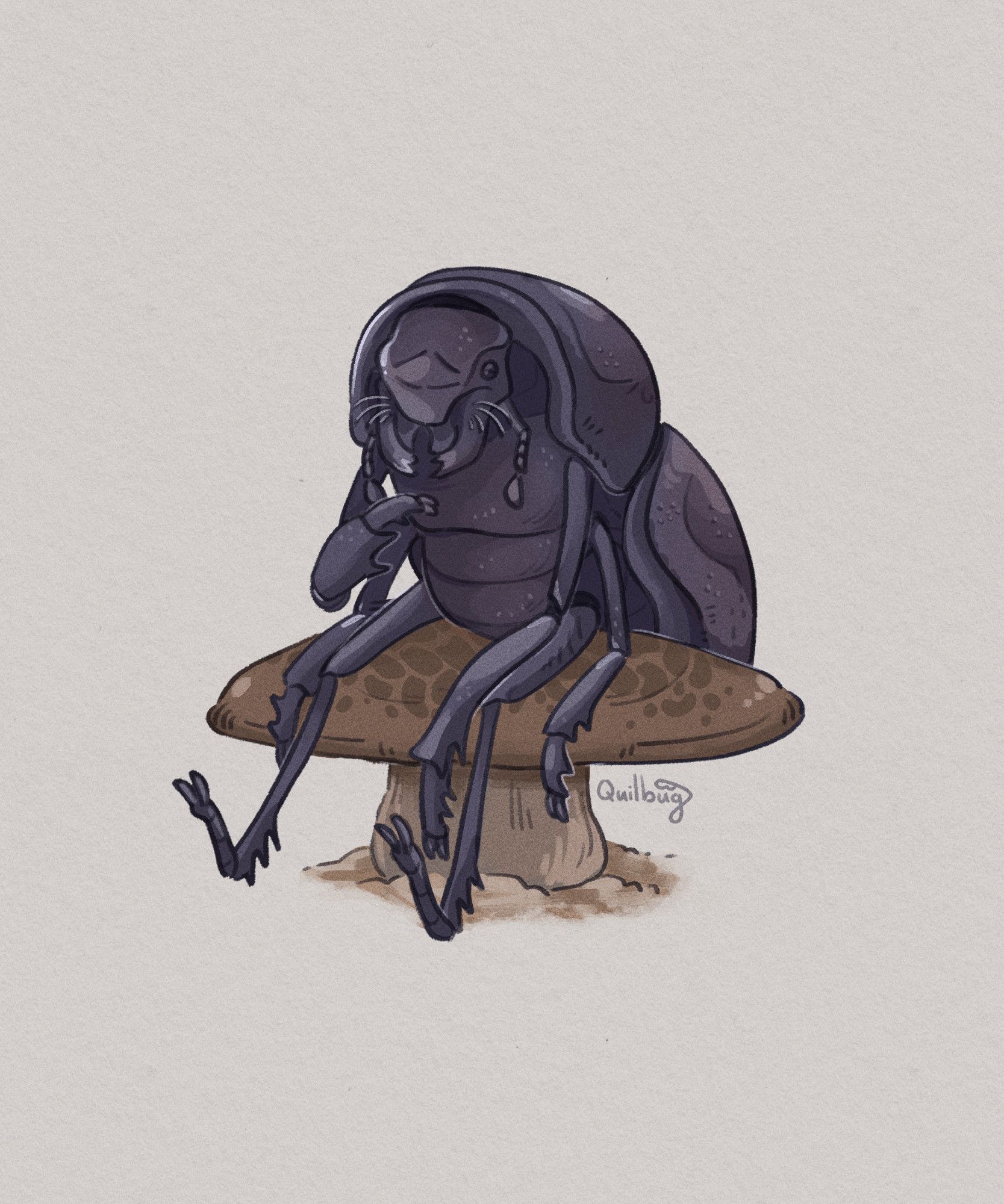 A digital drawing of an anthropomorphized flightless steppe beetle sitting on a mushroom against an off-white background. The beetle is a glossy black, has a very round carapace and elytra, and long limbs. The forearms of its top pair of arms are bulkier and spikier for digging. It sits on a mushroom, slumped over slightly as if tired.