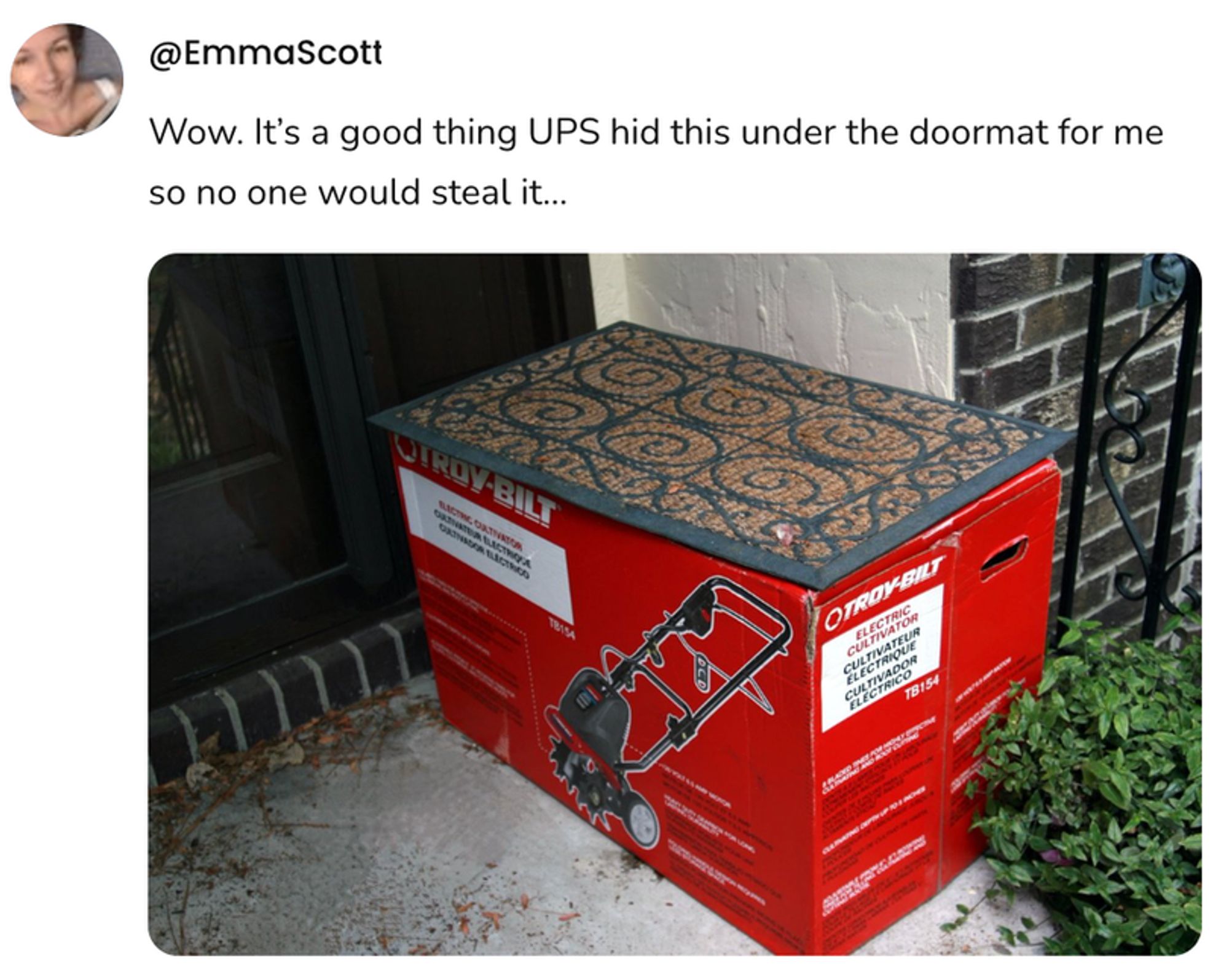 A social post from @EmmaScott that says: Wow. It's a good thing UPS hid this under the doormat for me so no one would steal it... [A photo of a large lawnmower box with a doormat on top of it.]