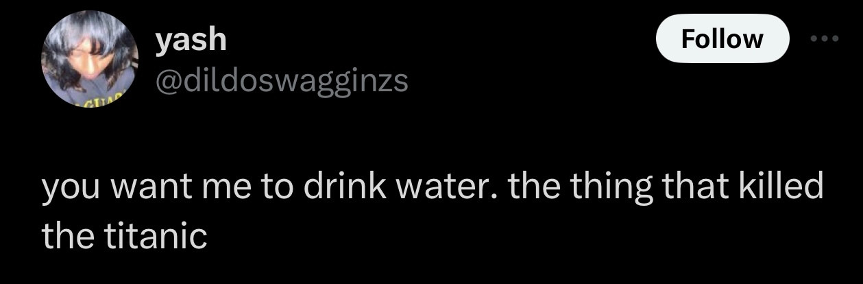 Screenshot of a social post by '@dildoswagginzs' on the social platform 'X' that says: 'you want me to drink water. the thing that killed the titanic'