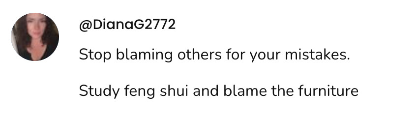 @DianaG2772 Stop blaming others for your mistakes. Study feng shui and blame the furniture