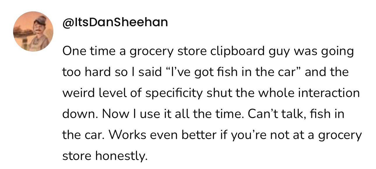 A social post from @ItsDanSheehan on Threads that says: One time a grocery store clipboard guy was going too hard so I said “I've got fish in the car” and the weird level of specificity shut the whole interaction down. Now I use it all the time. Can't talk, fish in the car. Works even better if you're not at a grocery store honestly.