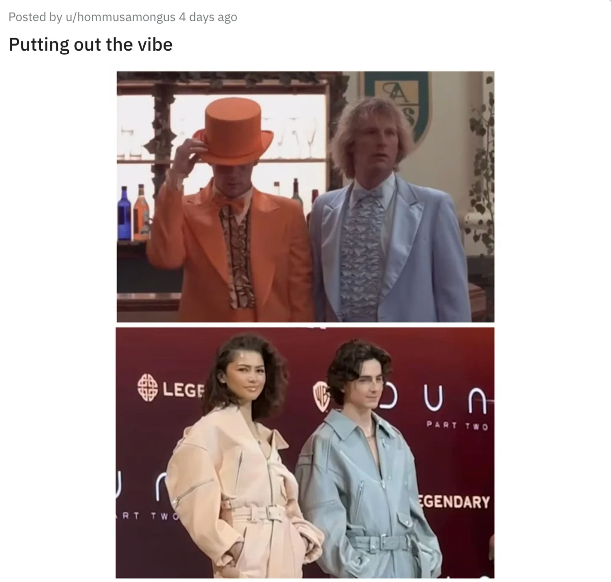 A screenshot of a Reddit post that says, 'Putting out the vibe.' Attached is a side-by-side image of Jim Carrey and Jeff Daniels in 'Dumb and Dumber' and Zendaya and Timothée Chalamet in 'Dune.' The actors are wearing similar colors in both.