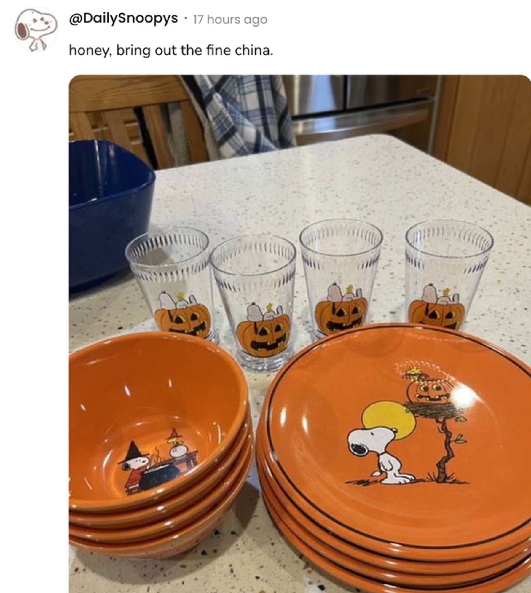  A social post from @DailySnoopys that says: honey, bring out the fine china. [A dinnerware set inspired by "It's the Great Pumpkin, Charlie Brown."