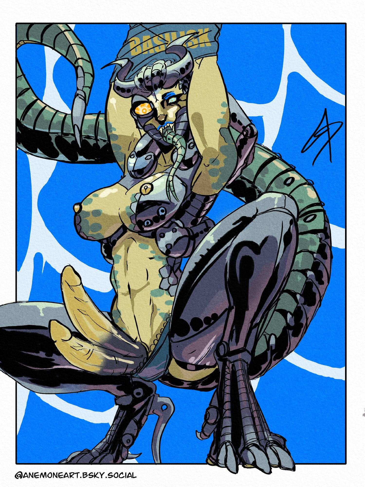 A mechanized reptilian girl with a long artifical tail taking off her shirt!