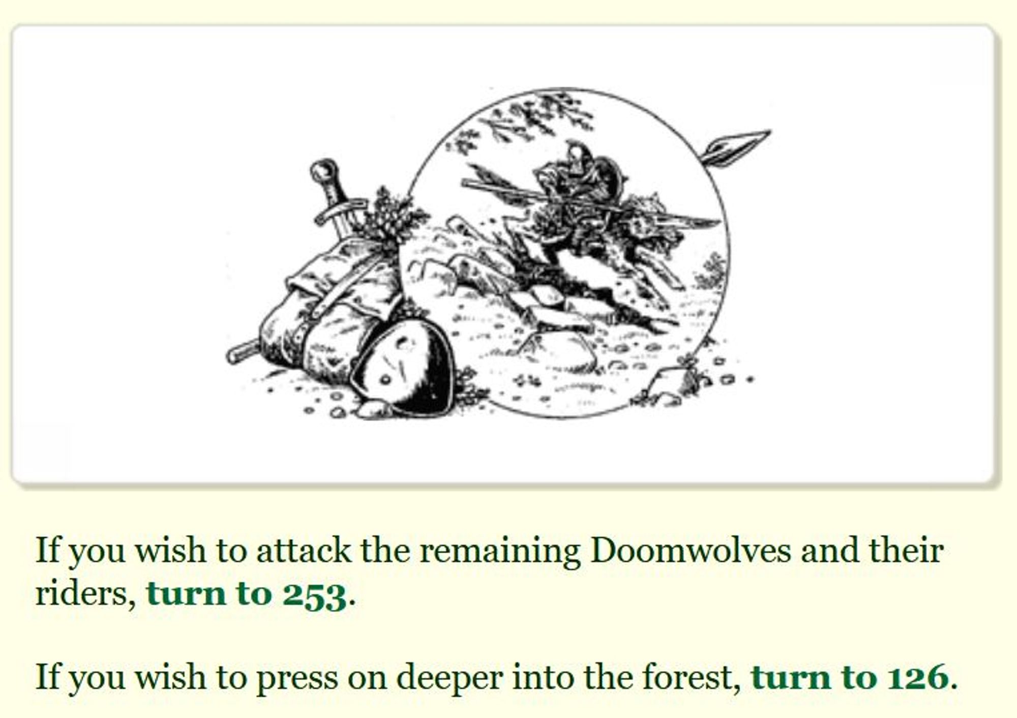 Illustration of a Giak mounted on a Doomwolf (giant wolf) and carrying a spear (by Gary Chalk)
If you wish to attack the remaining Doomwolves and their rider, turn to 253.
If you wish to press on deeper into the forest, turn to 126.