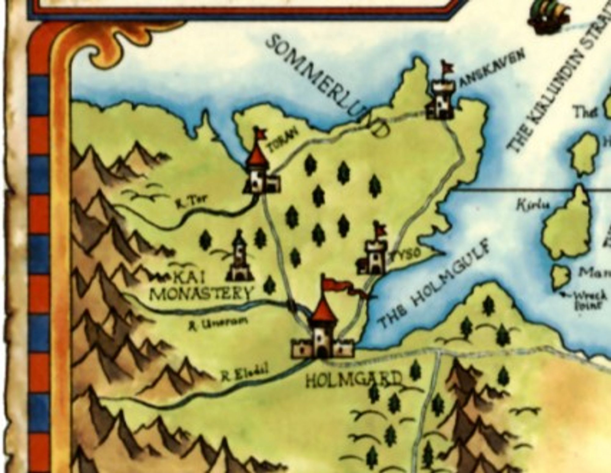 Map of Sommerlund showing the Kai Monastery and Holmgard