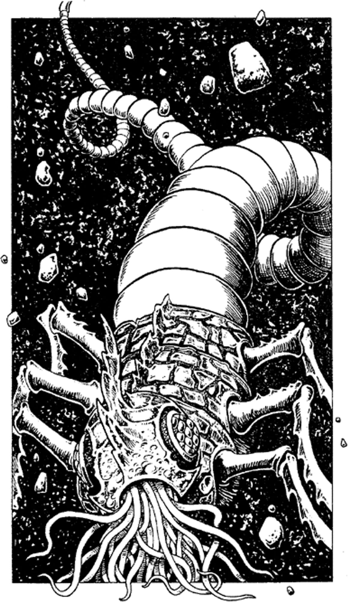 An insectoid creature with six legs, compound eyes, and a tentacled maw (illustration by Gary Chalk)