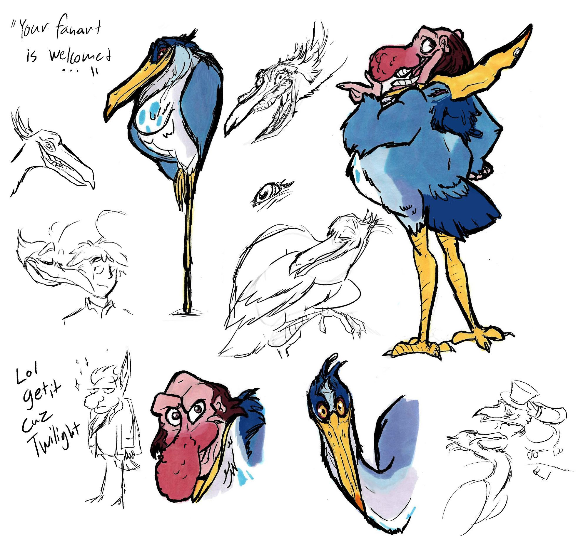 Sketchdump/doodle dump of the Gray Heron (in his bird and tengu-forms) from 'The Boy and the Heron', along with b&w sketches.