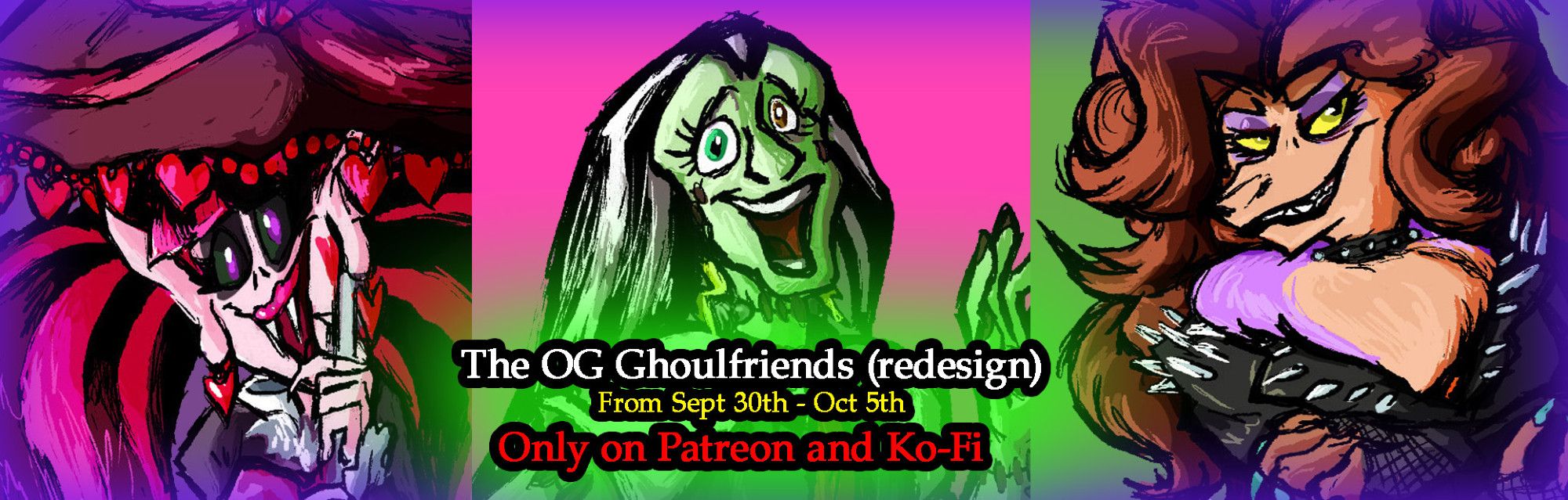 Promo image of redesigned g1 Monster High characters Draculaura, Frankie Stein and Clawdeen Wolf, in traditional ink with digital coloring.