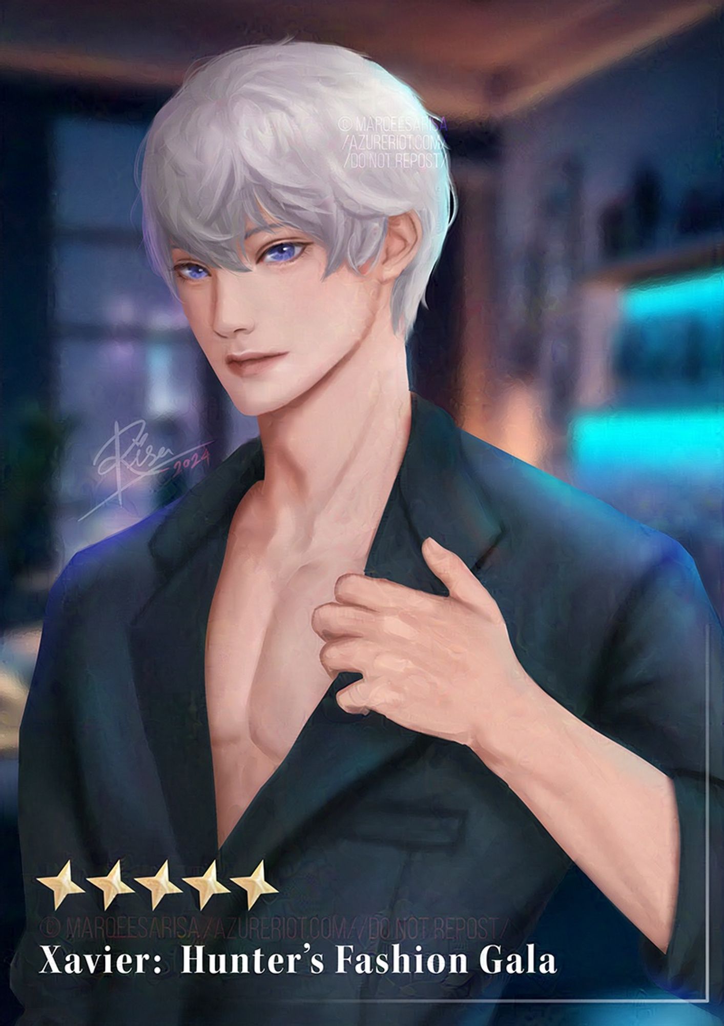 Fan made 5-star card of Xavier from Love and Deepspace, he is tugging on his outer jacket in an apartment. The concept is Hunter’s Fashion Gala