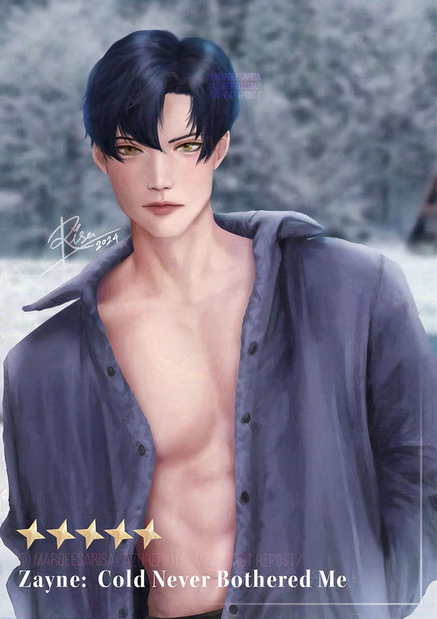 A fan made 5-star card of Zayne (from Love and Deepspace) standing in the snow with his jacket unbuttoned 🫣