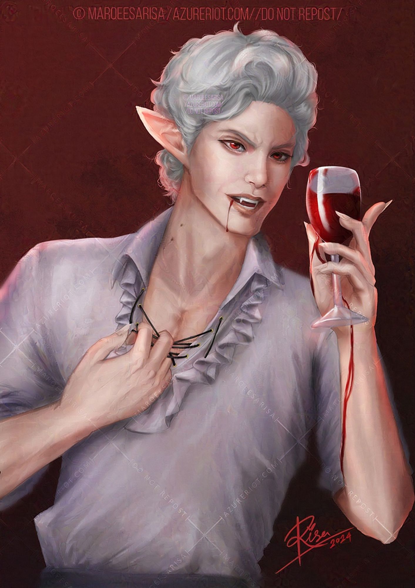 Astarion from Baldur’s Gate’s 3. Drinking a glass of blood and pulling on his shirt.