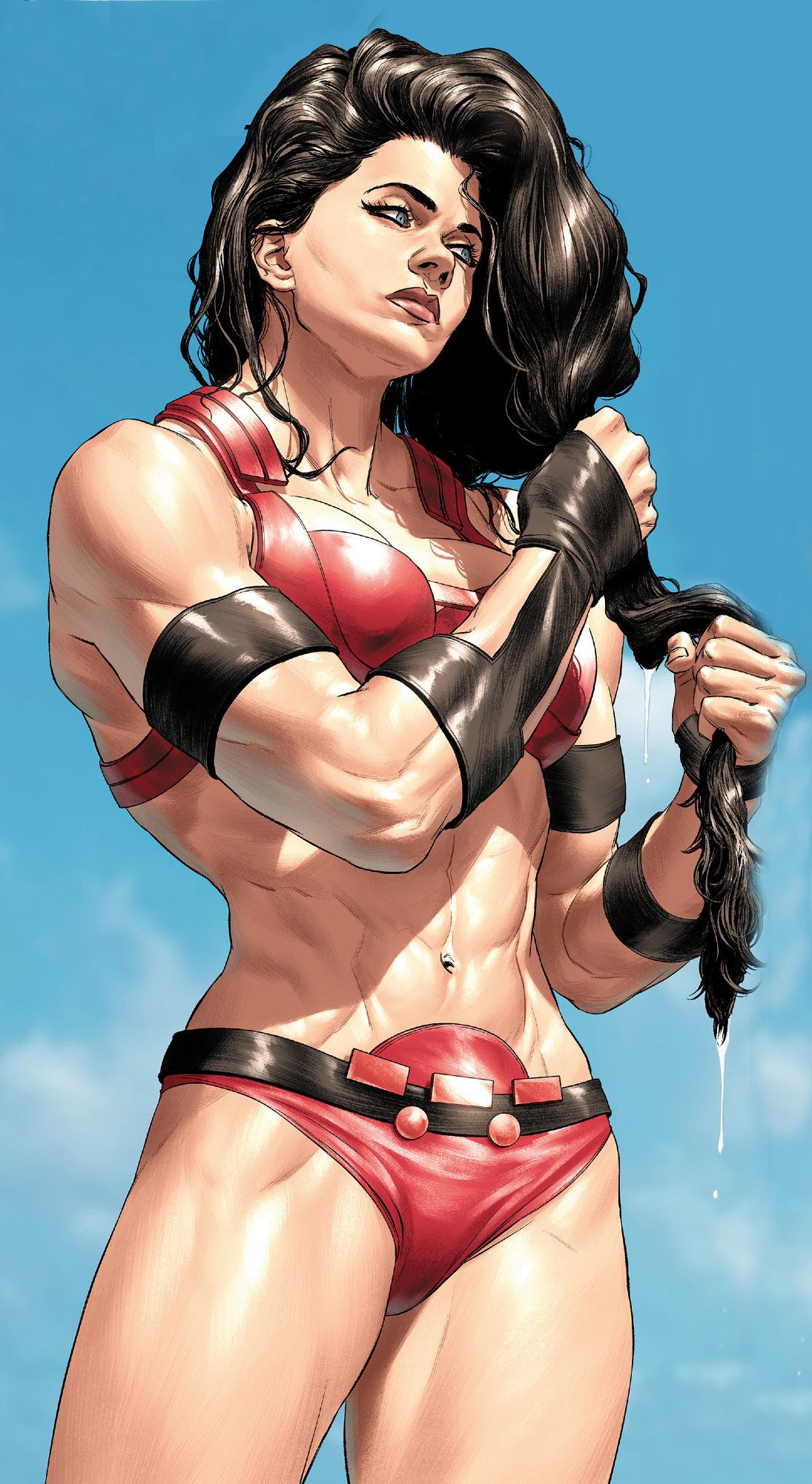 Hotness personified. A realistically drawn Big Barda in her red bikini, wringing water of her hair. Drawn and colored by Mattia De Iulis.