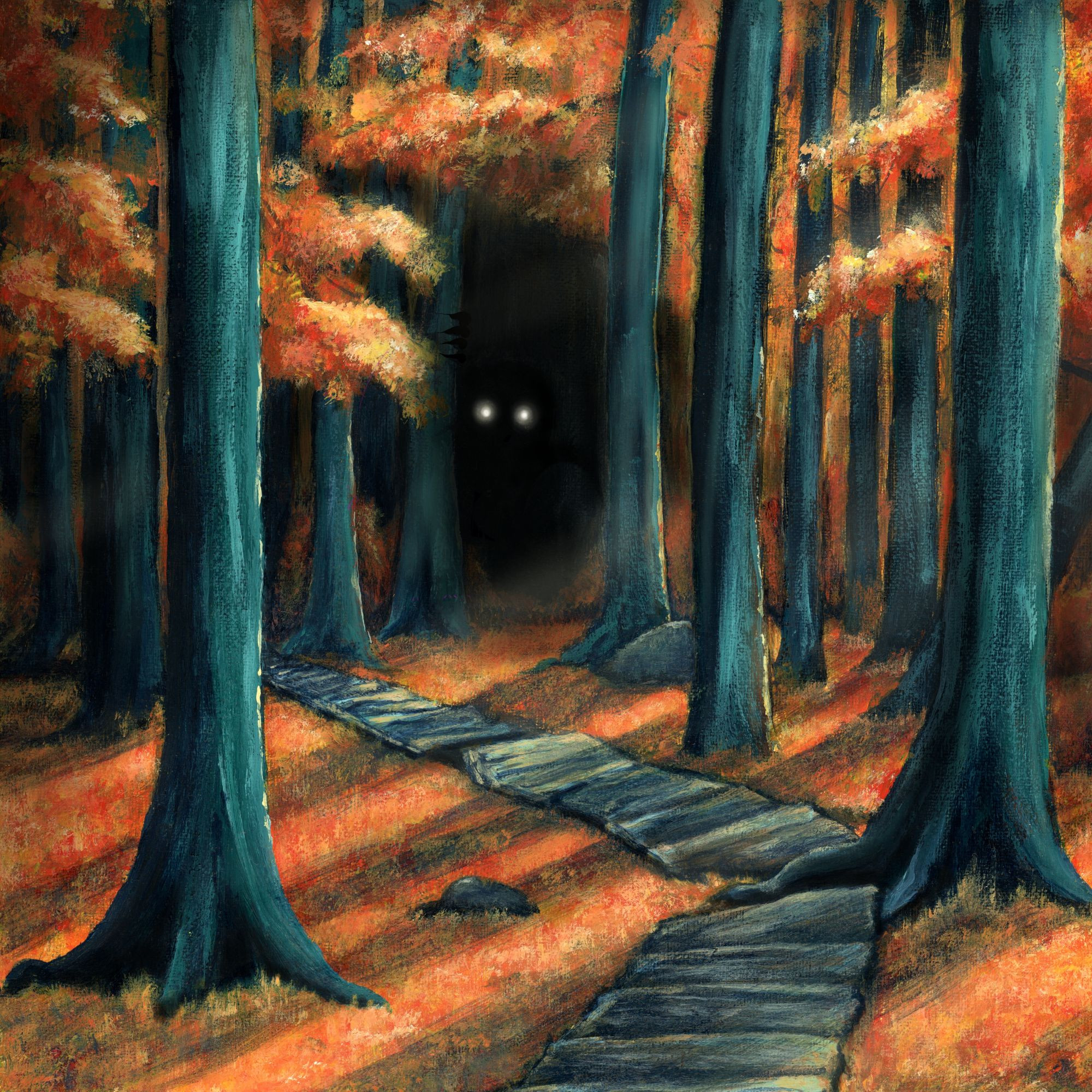 Cryptids by Autumn Orange album cover! Orange and teal palette painting of a forest with an ominous creature watching from the shadows. Art by Arwen Amie