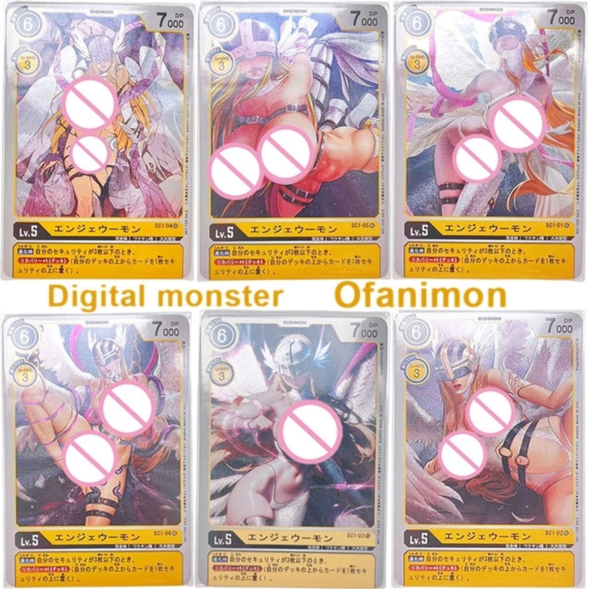 Six censored pornographic Digimon cards