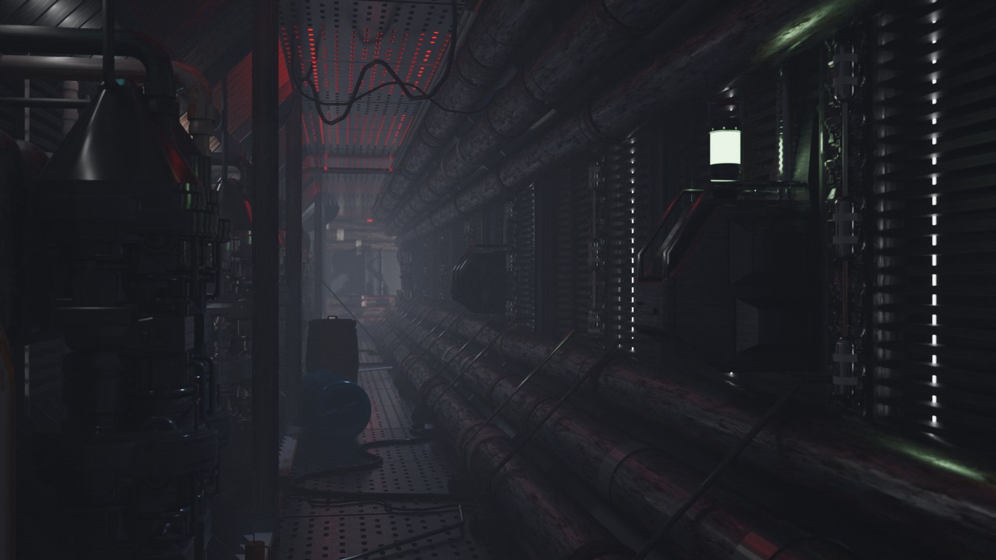 A scene created in Blender of a sci-fi corridor. Based on the ship Nostromo from the 1979 film Alien. A long corridor recedes in to the distance. Dimly lit with white and red lights. A lantern in the foreground gives off an eerie greenish glow. At the end of the corridor, a t junction, and the shadow of something terrible approaching.