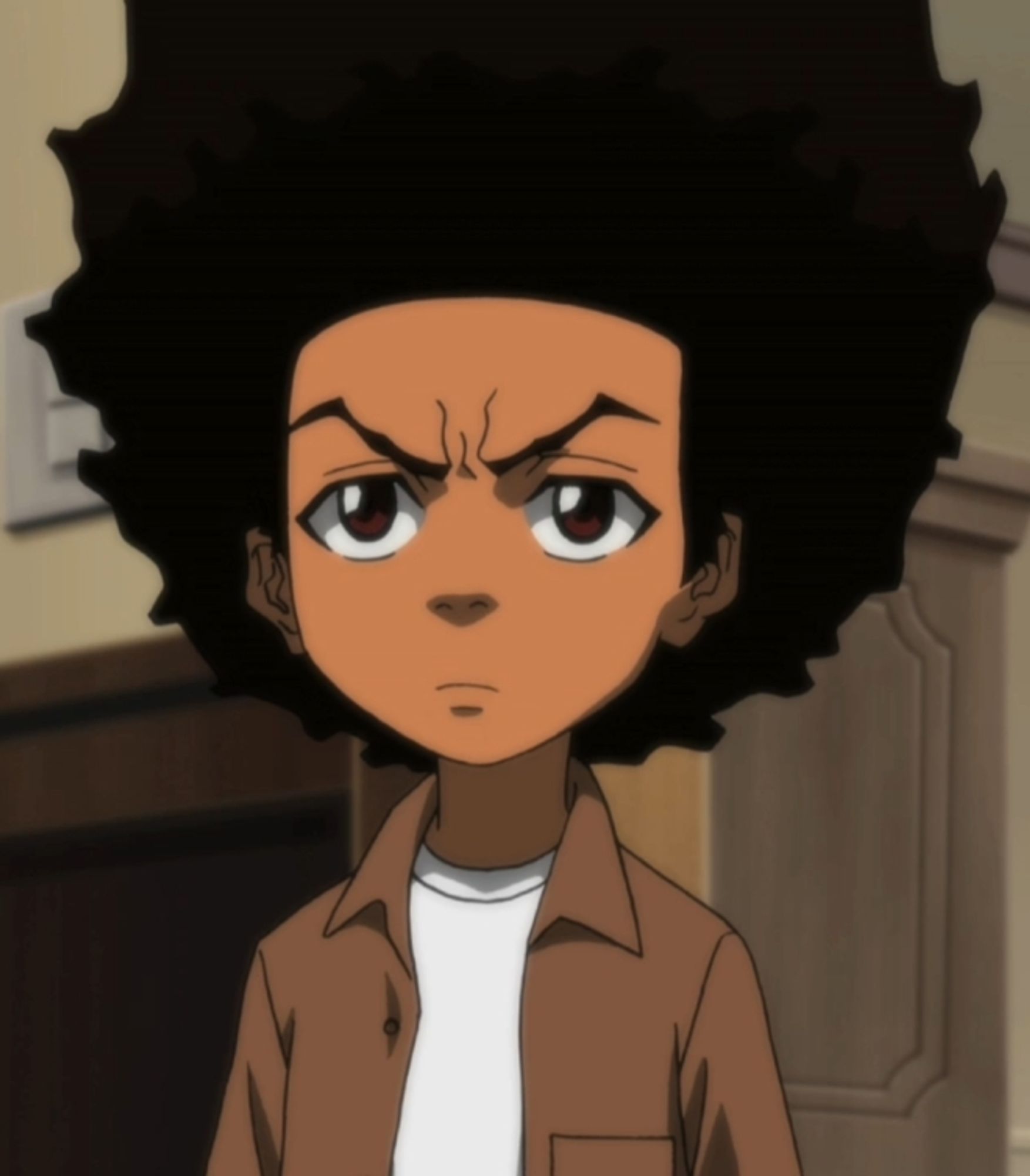 Huey Freeman black male cartoon character with afro from the  Boondocks