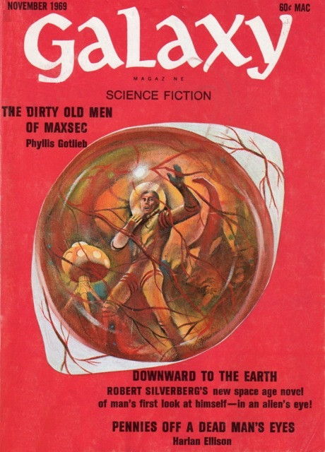 Red cover of Galaxy with the image of an alien eyeball, a space-suited human reflected in it.