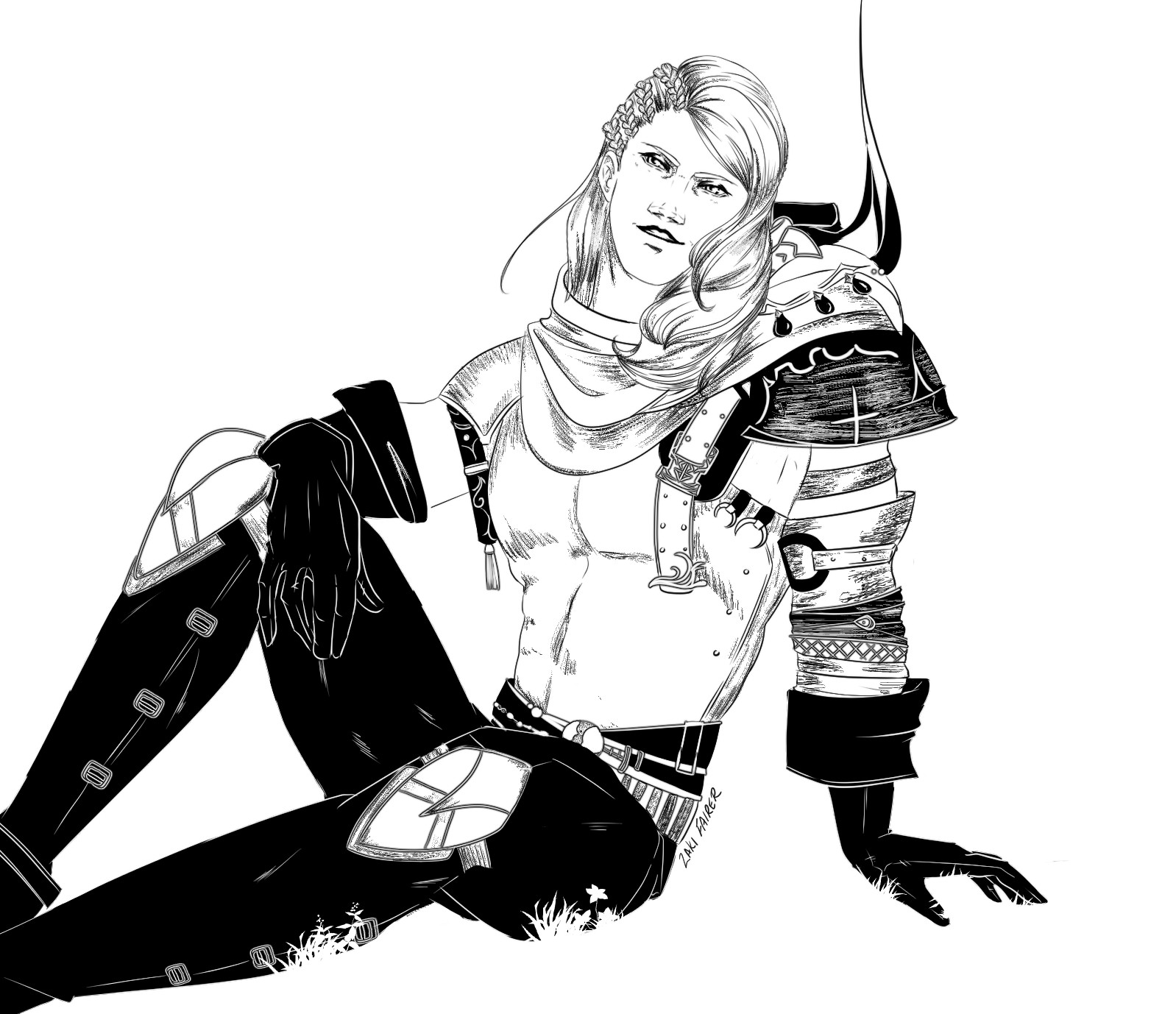 A black and white drawing of Durante from Final Fantasy XIV.  He sits on the grass, resting with one arm draped across his knee.