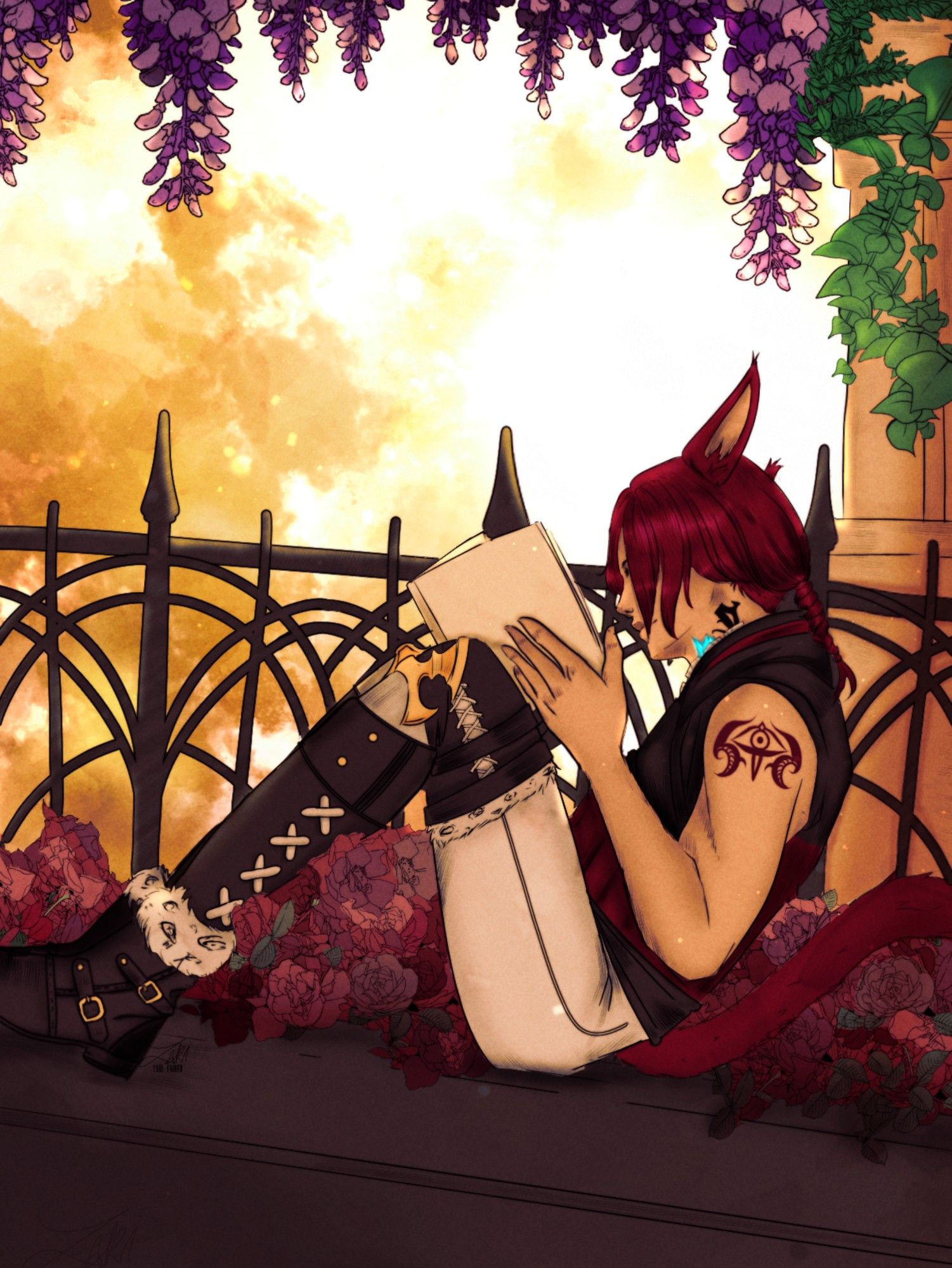 G'raha Tia is wearing his clothes from the Crystal Tower raid series. 
 He is seated, surrounded by flowers, and reading a book in a window.  There is an incredible amount of light pouring in from a golden sky behind him.  A small amount of blue crystal is creeping up his neck.