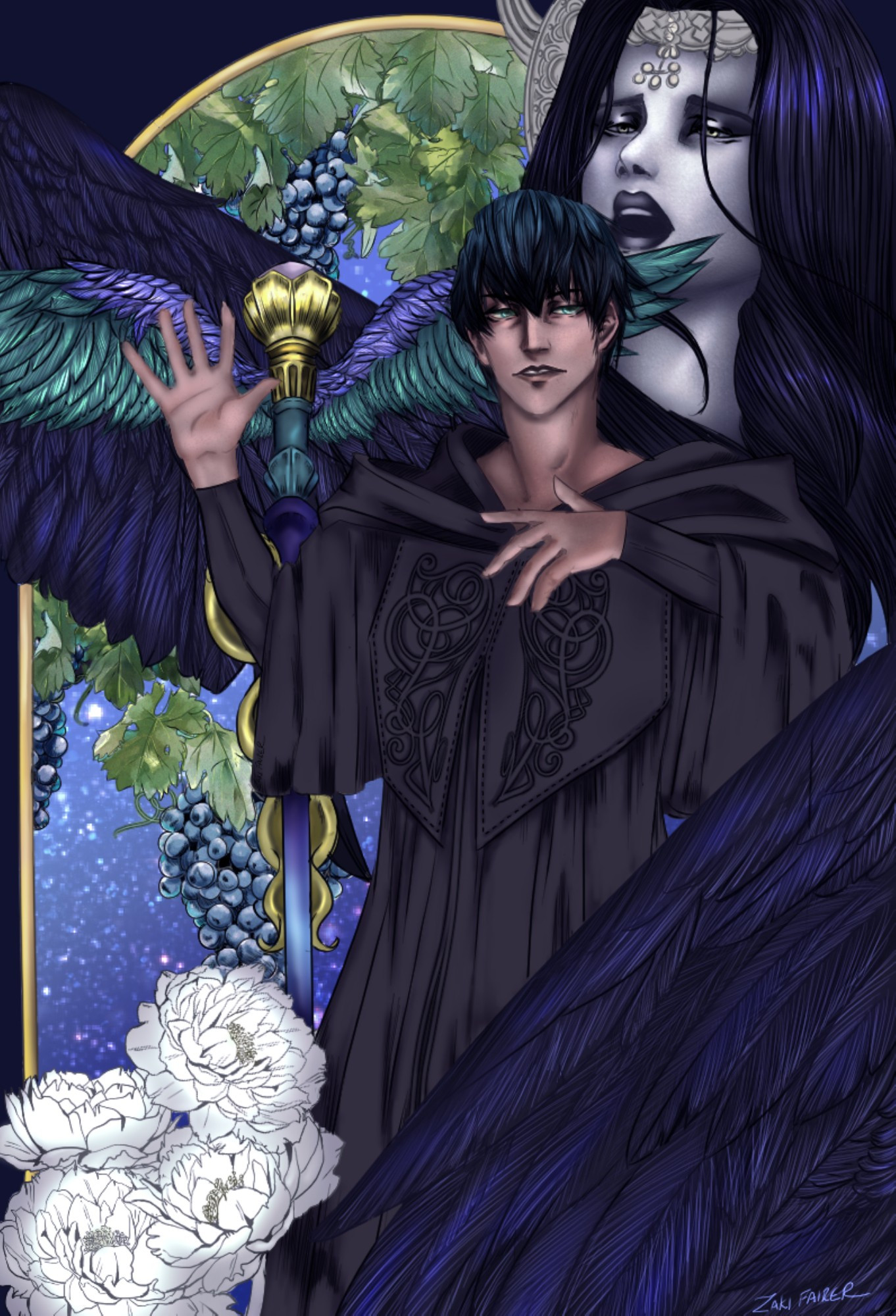 Hermes from Final Fantasy XIV, with his hand off of his staff. He is enveloped by the wings of the Endsinger and behind him there are grapevines.  At his hip are white Elpis flowers.