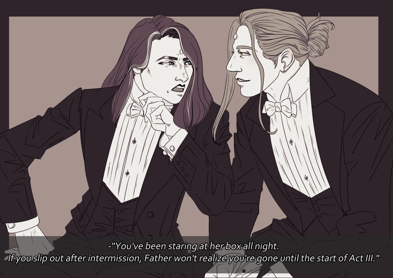 Two Garlean men in tuxedos talk with each other.  One is of smaller build withblue eyes and a white streak in his long, dark hair. The other has gold eyes and is larger, blond, with his hair tied up.