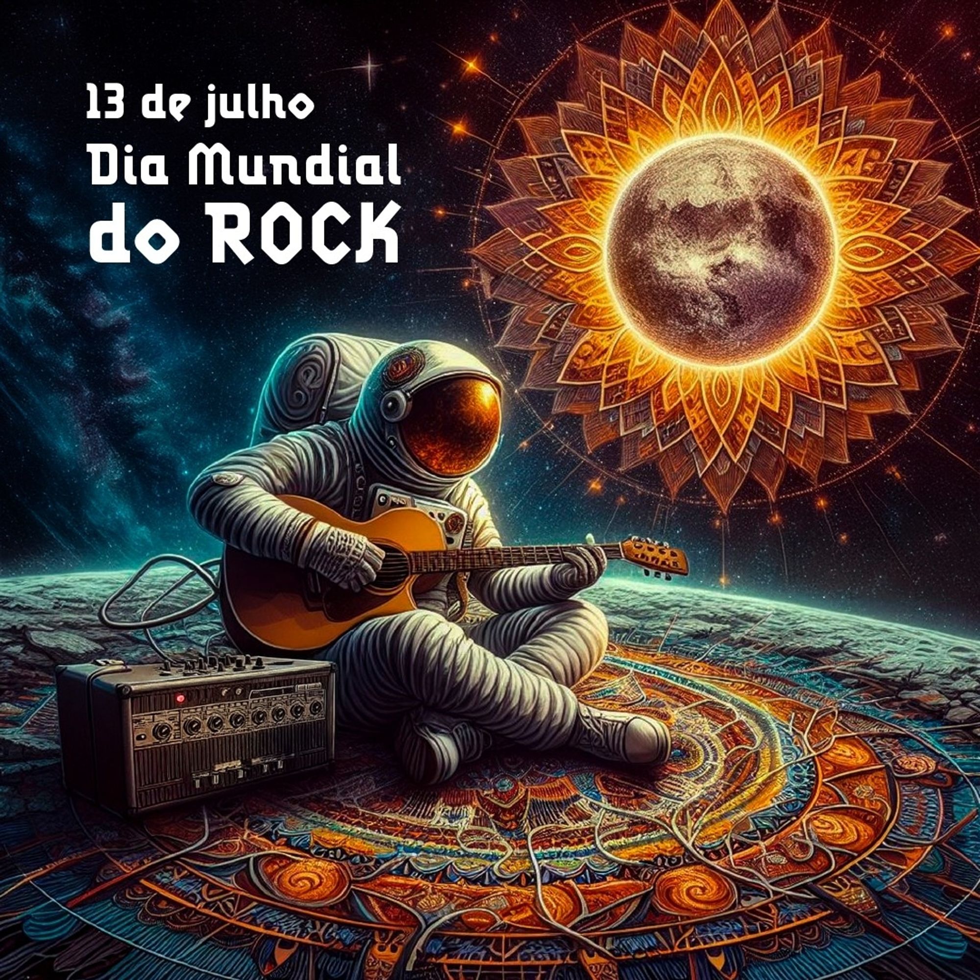 Astronauta tocando violão em cima de um tapete colorido em forma de mandala. No fundo um sol também em formato de mandala. Título: 13 de julho dia mundial do rock.