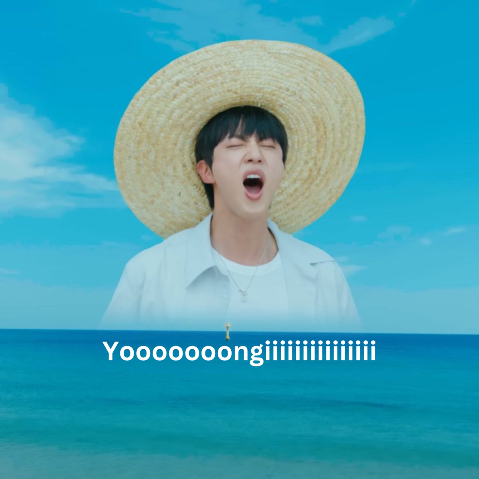 Seokjin in a large straw hat floating above the ocean yelling. It says Yooooooongiiiiiiiiiii underneath him.