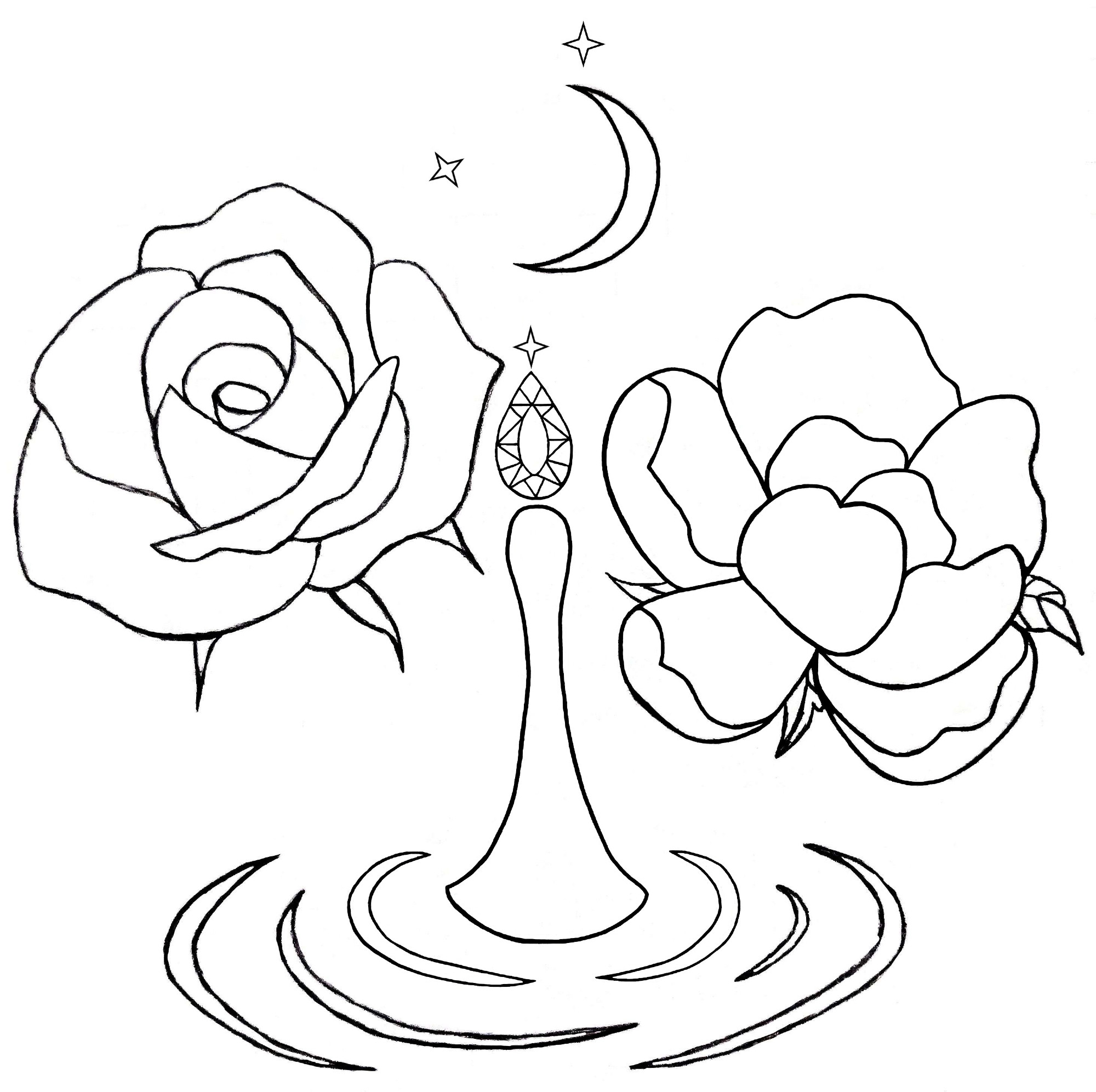 Digital scan(wip for touch ups) of a sigil/crest made as a gift for a friend in my RP group.
Design features crescent moon, stars, rose, peony, diamond, water, and the Bishop(chess piece, more of a subtle feature).