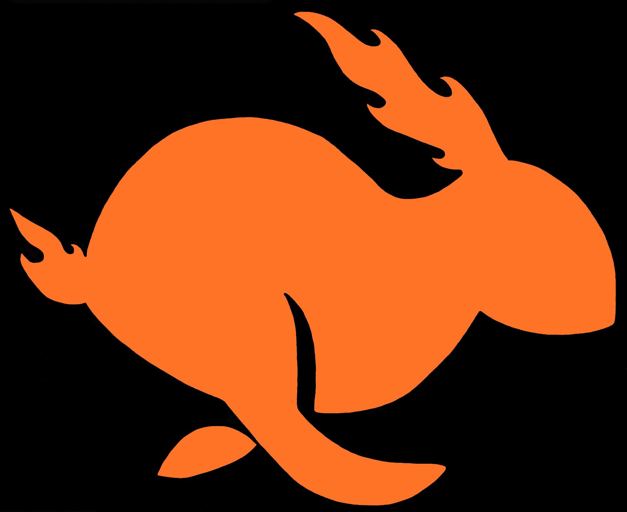 Digital simplistic rabbit design, colored in orange with black background, in a running pose with legs overlapping and flaming ears & tail.