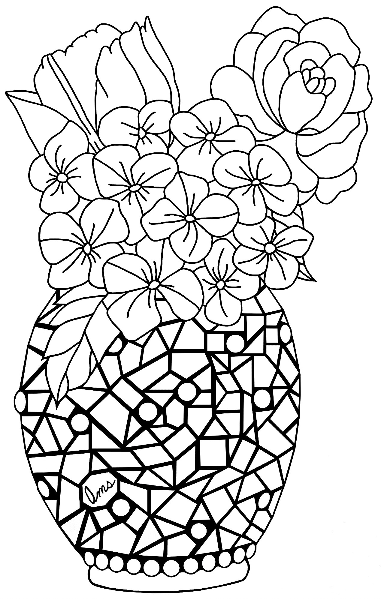 Digitally scanned and cleaned up picture of an uncolored drawing of a glass-mosaic vase containing a small bouquet of flowers(Hydrangeas, a Tulip, and a Peony).
The mosaic design features a crescent moon and stars(some of the stars forming the constellation for the Zodiac sign Cancer).
Made for @mxalppy.bsky.social