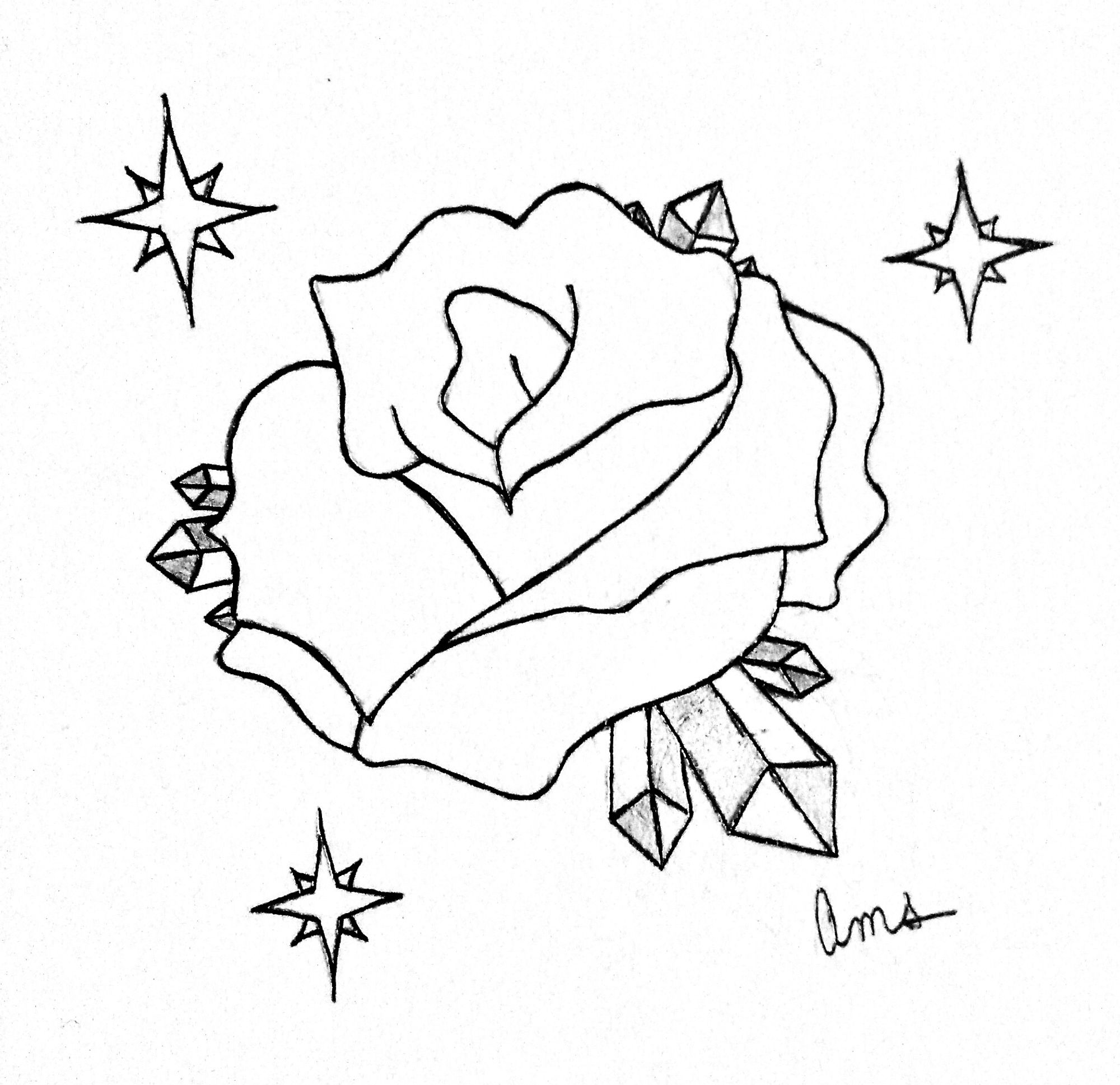 Digital scan of a design made for my mother of a rose with crystals for leaves and stars(similar to compass rose shape) around it.