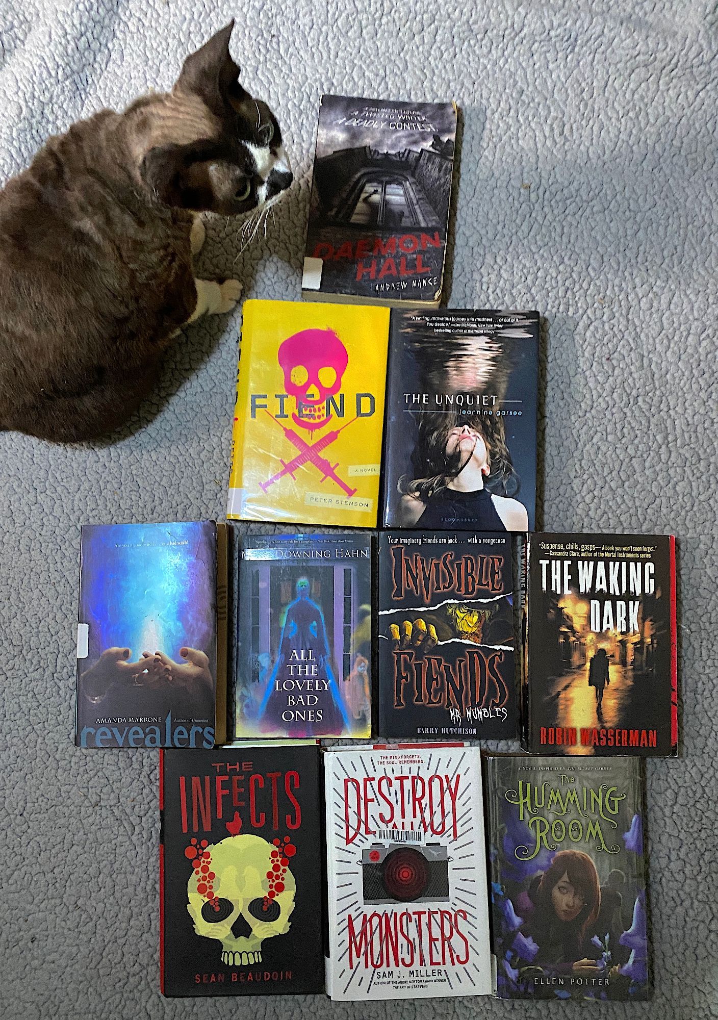 A cat sitting beside an array of spooky books:
DAEMON HALL by Andrew Nance
FIEND by Peter Stenson
THE UNQUIET by Jeannine Garsee
REVEALERS by Amanda Marrone
ALL THE LOVELY BAD ONES by Mary Downing Hahn
INVISIBLE FIENDS: MR. MUMBLES by Barry Hutchison
THE WAKING DARK by Robin Wasserman
INFECTS by Sean Beaudoin
DESTROY ALL MONSTERS by Sam J. Miller
THE HUMMING ROOM by Ellen Potter