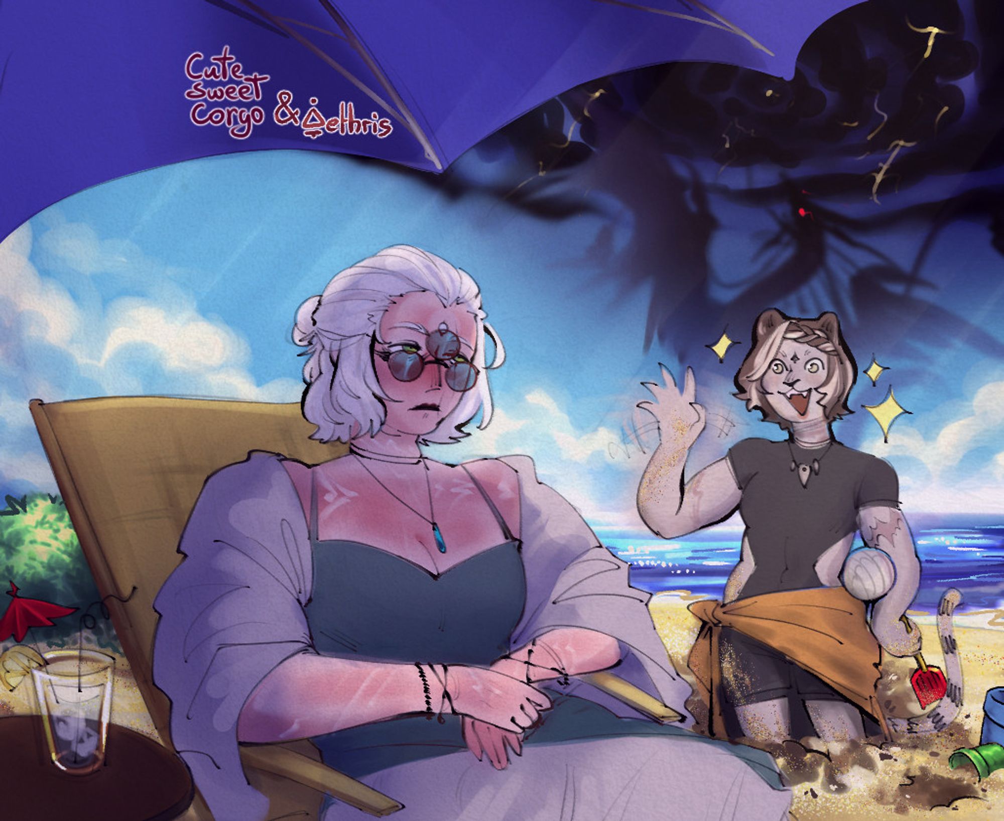 FFXIV Fan art of Corgo's WoL Poki Bongo digging a hole in the sand, while my WoL Astra Laevinus zones out under a beach umbrella. The setting is a mostly sunny beach, except for a patch of dark clouds in the distance under which Leviathan is being summoned.