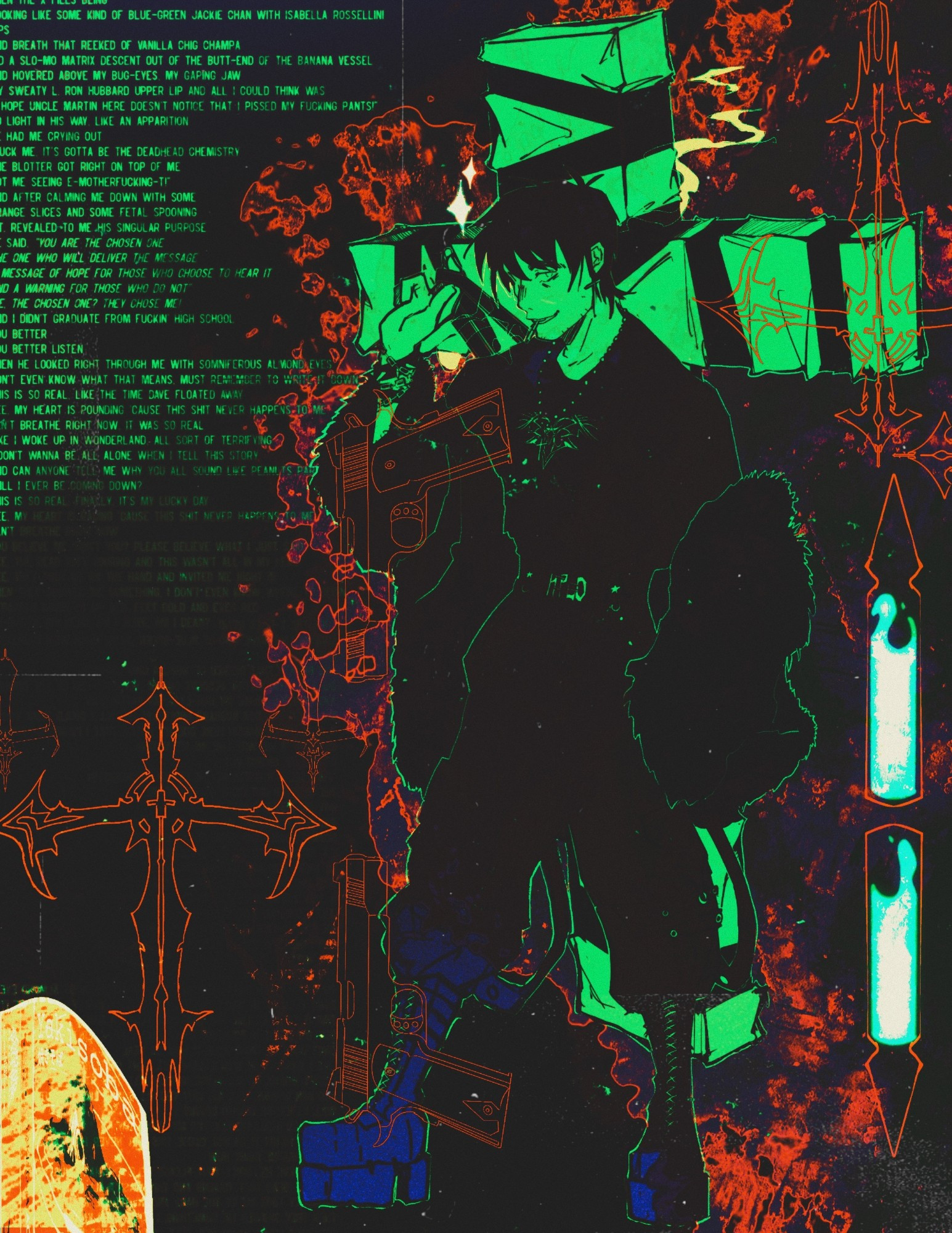 trigun stampede wolfwood in an alt outfit, with a shitton of black and red crosses, album covers, paint splatters, and vials collaged together. tool's rosetta stoned lyrics are in bright green on the top left side